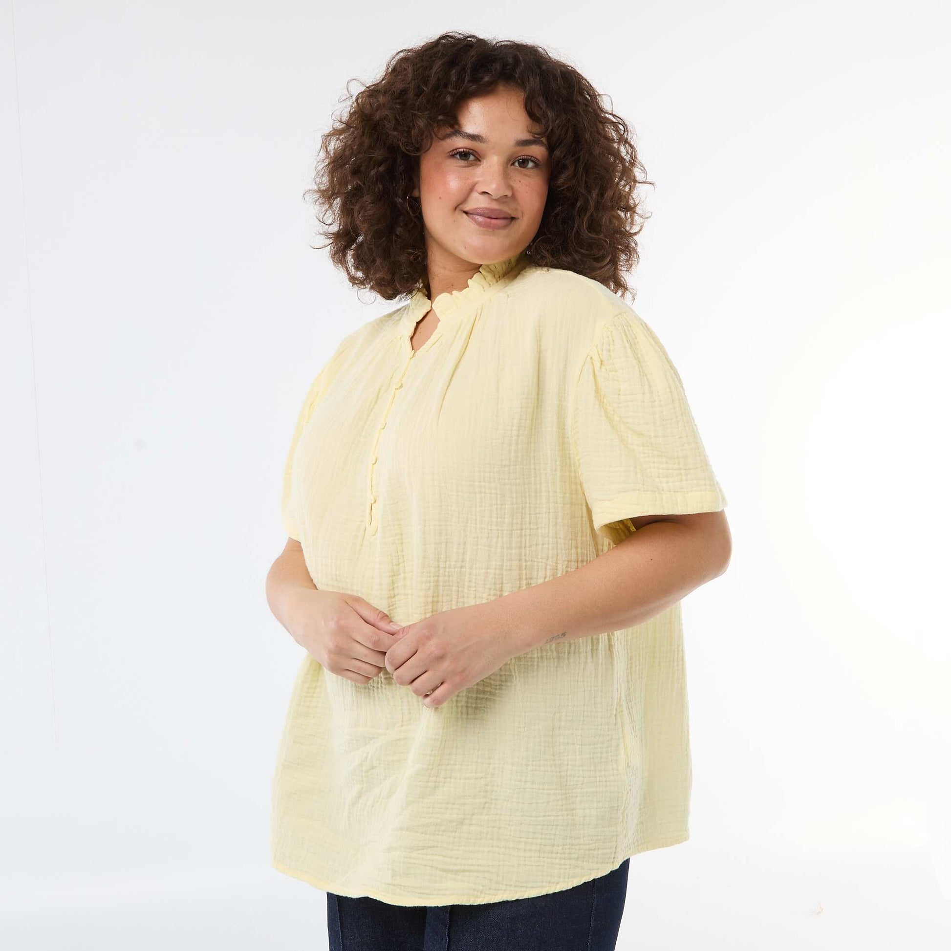 Blouse en gaze de coton avec col froncé JAUNE