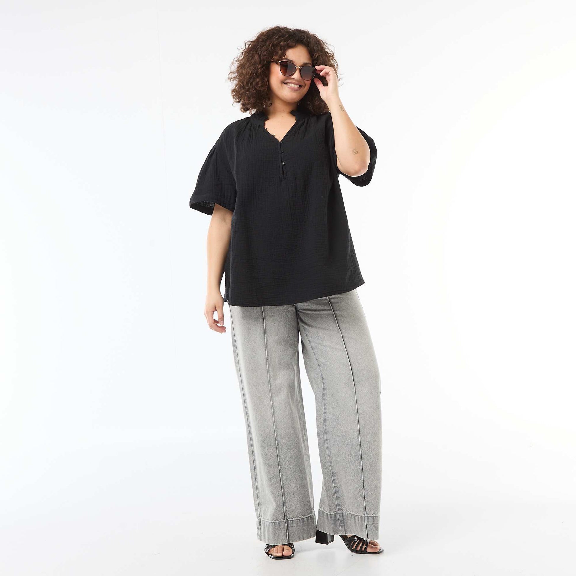 Blouse en gaze de coton avec col froncé NOIR
