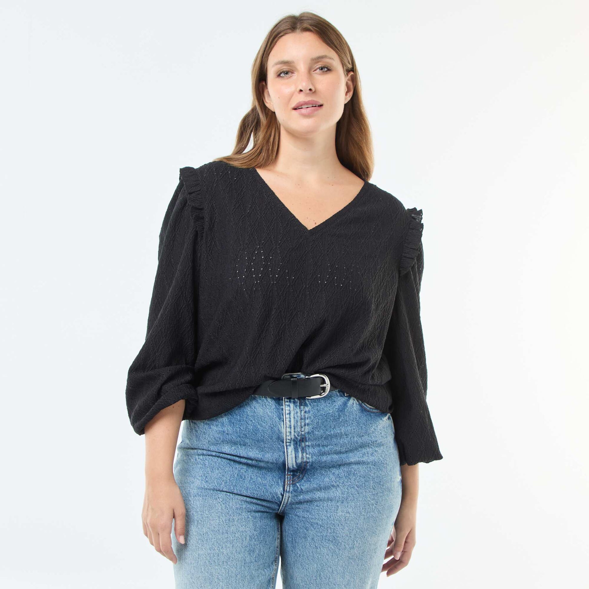 Tee-shirt en maille ajourée avec épaules volantées NOIR