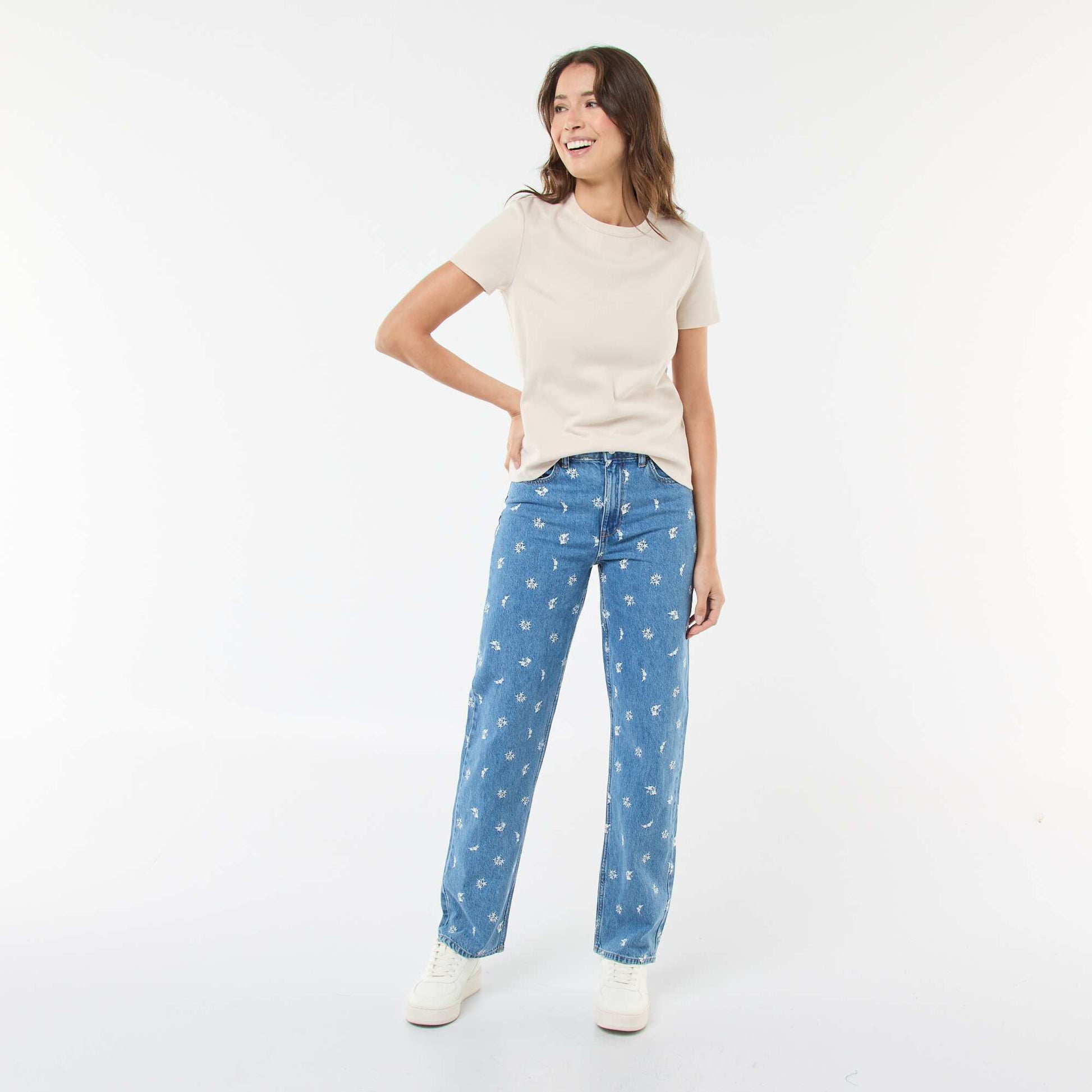 Jean regular avec broderie all-over en coton BLEU