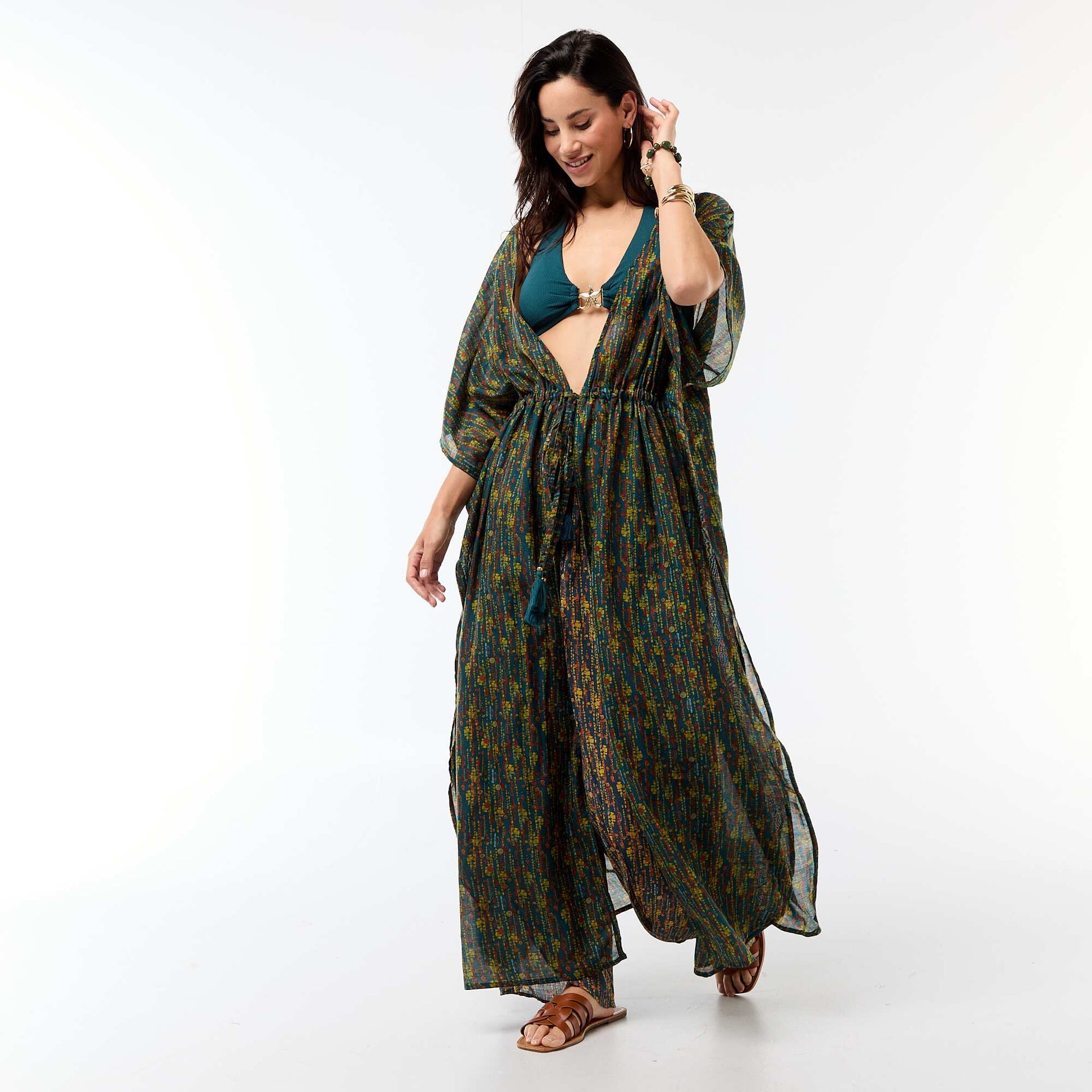 Robe de plage imprimée coupe longue BLEU