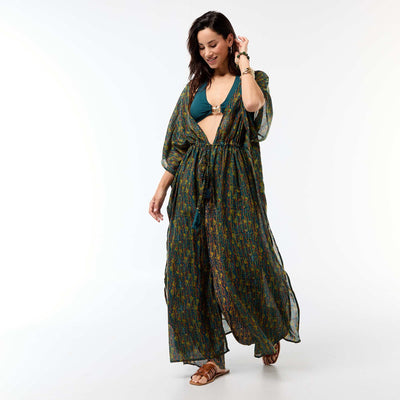Robe de plage imprimée coupe longue BLEU