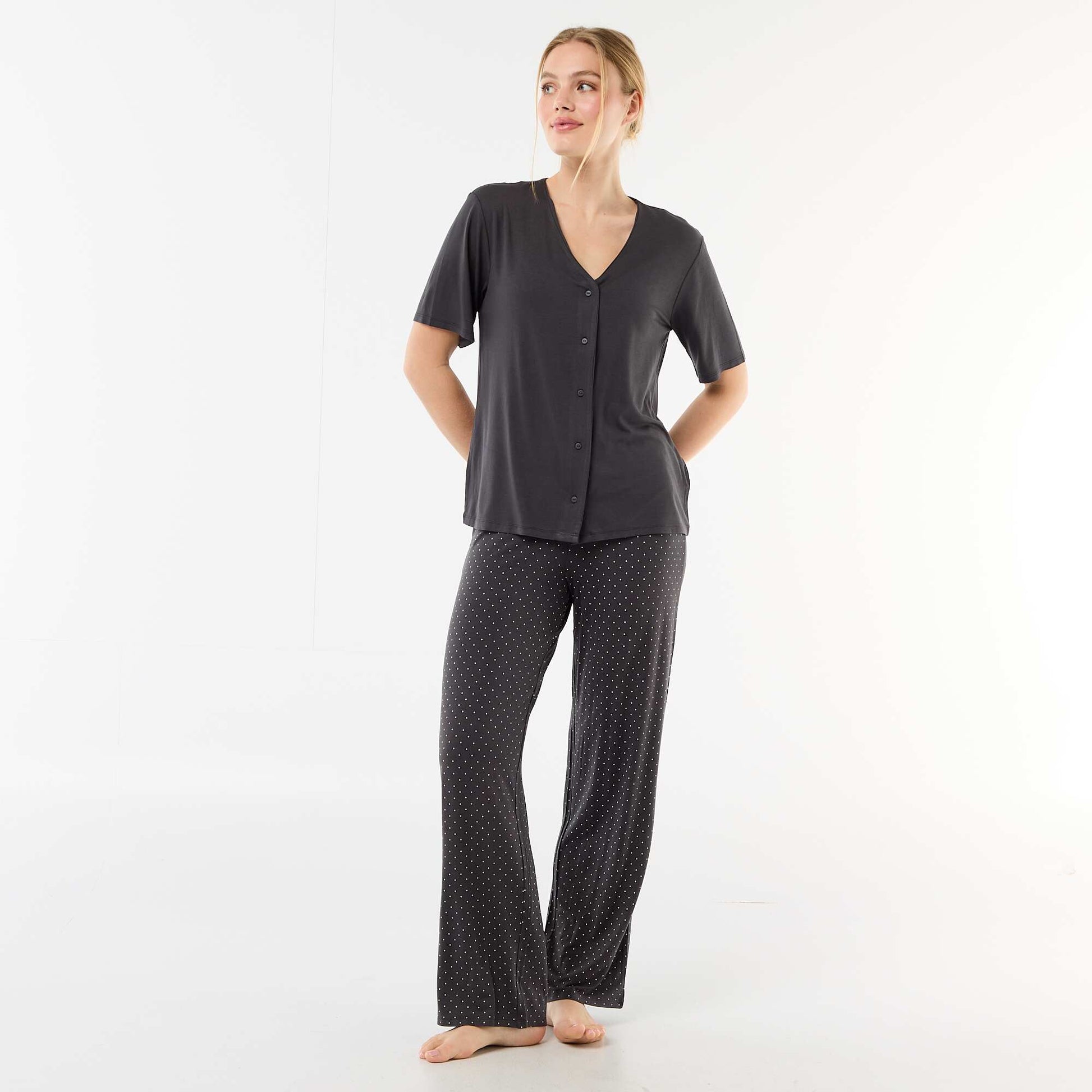 Pyjama long imprimé pois - 2 pièces NOIR