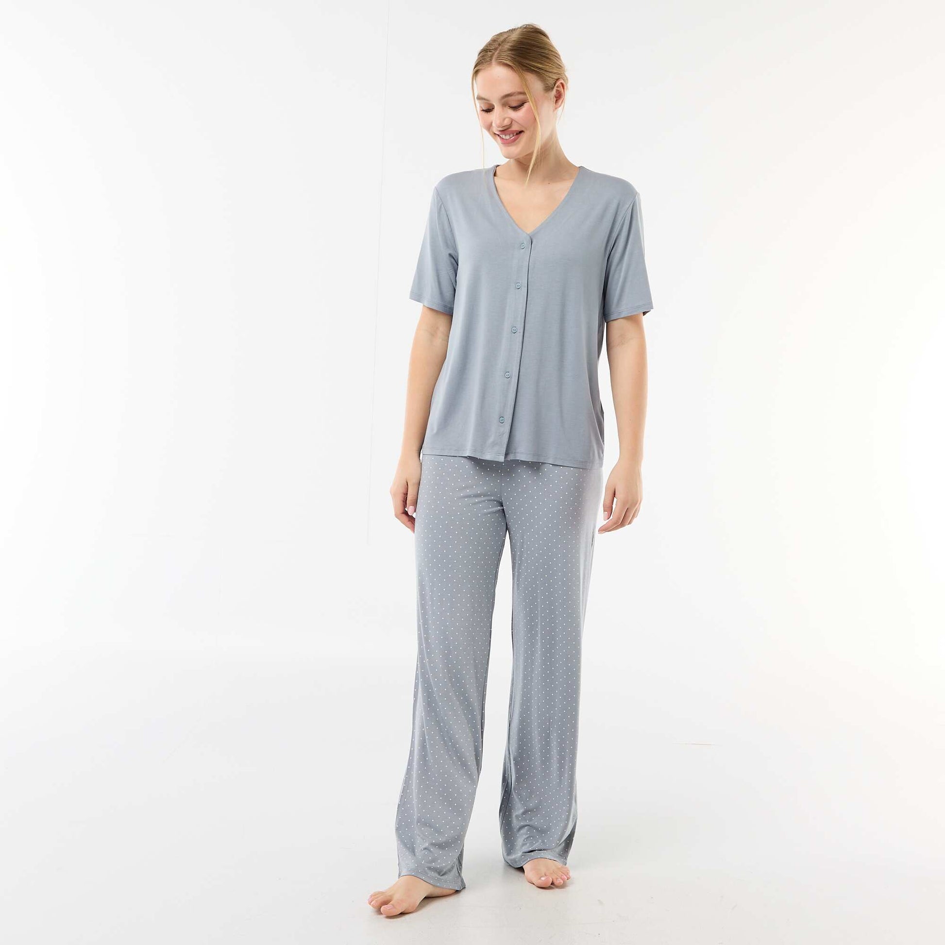 Pyjama long imprimé pois - 2 pièces BLEU