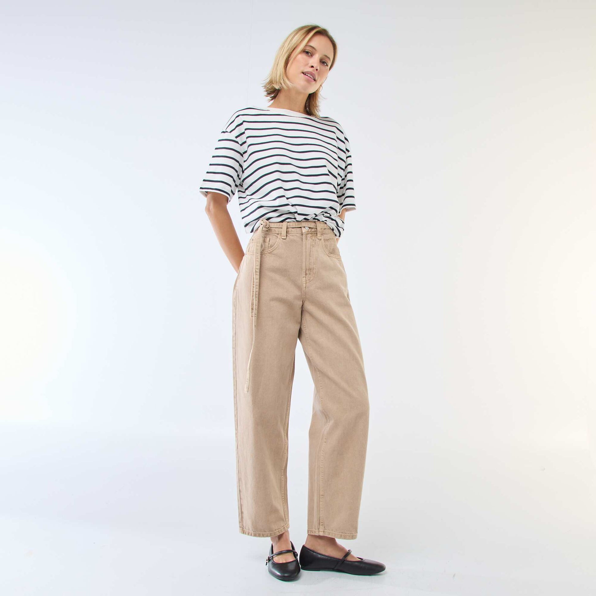 Pantalon denim barrel fit uni avec nœud BEIGE