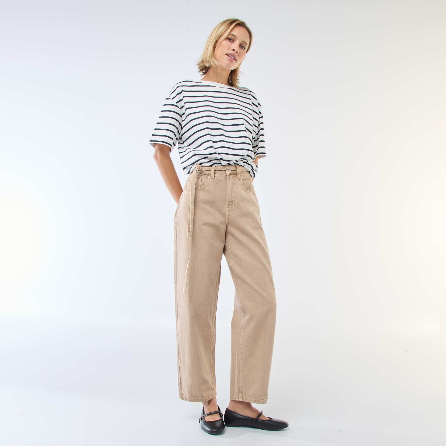 Pantalon denim barrel fit uni avec nœud BEIGE