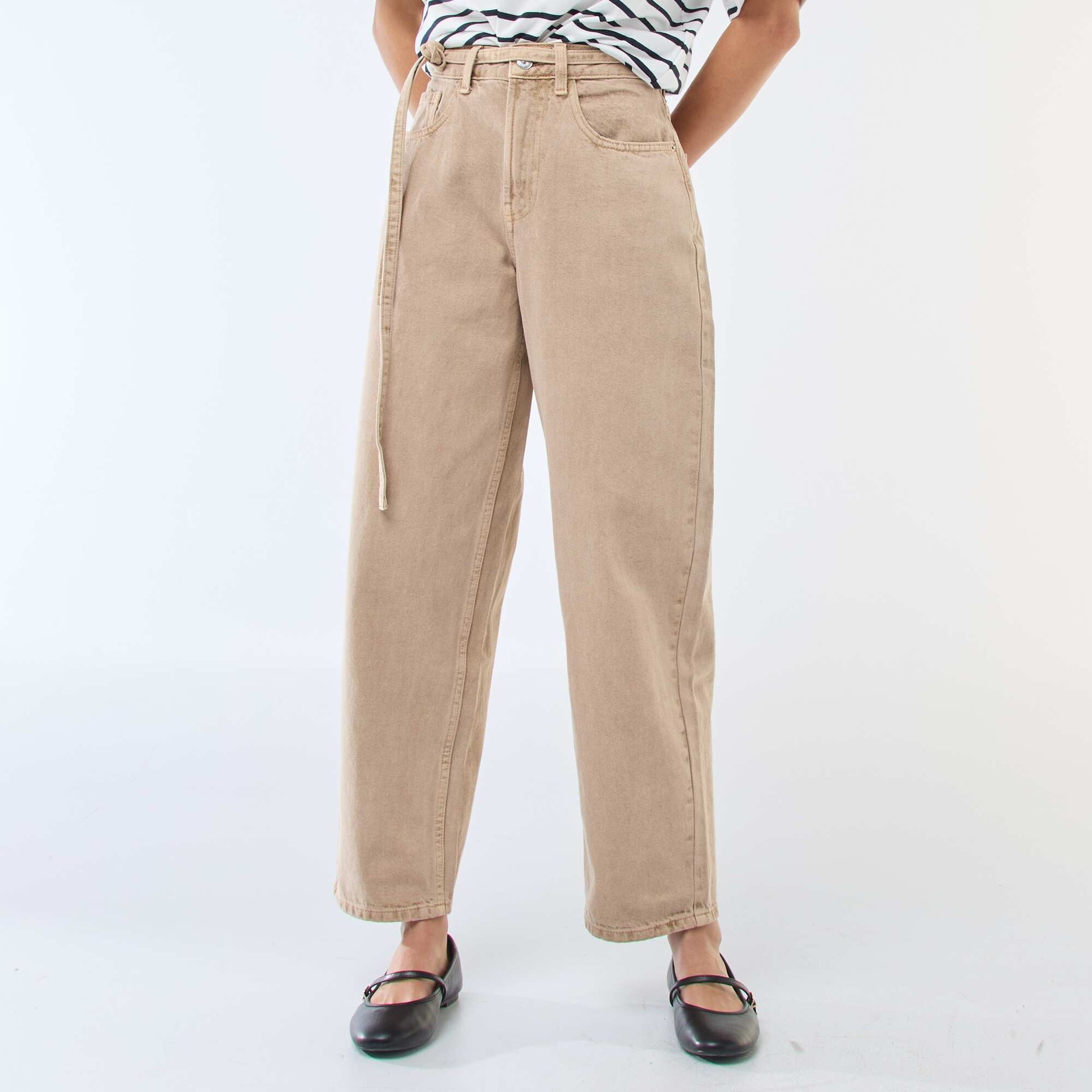 Pantalon denim barrel fit uni avec nœud BEIGE