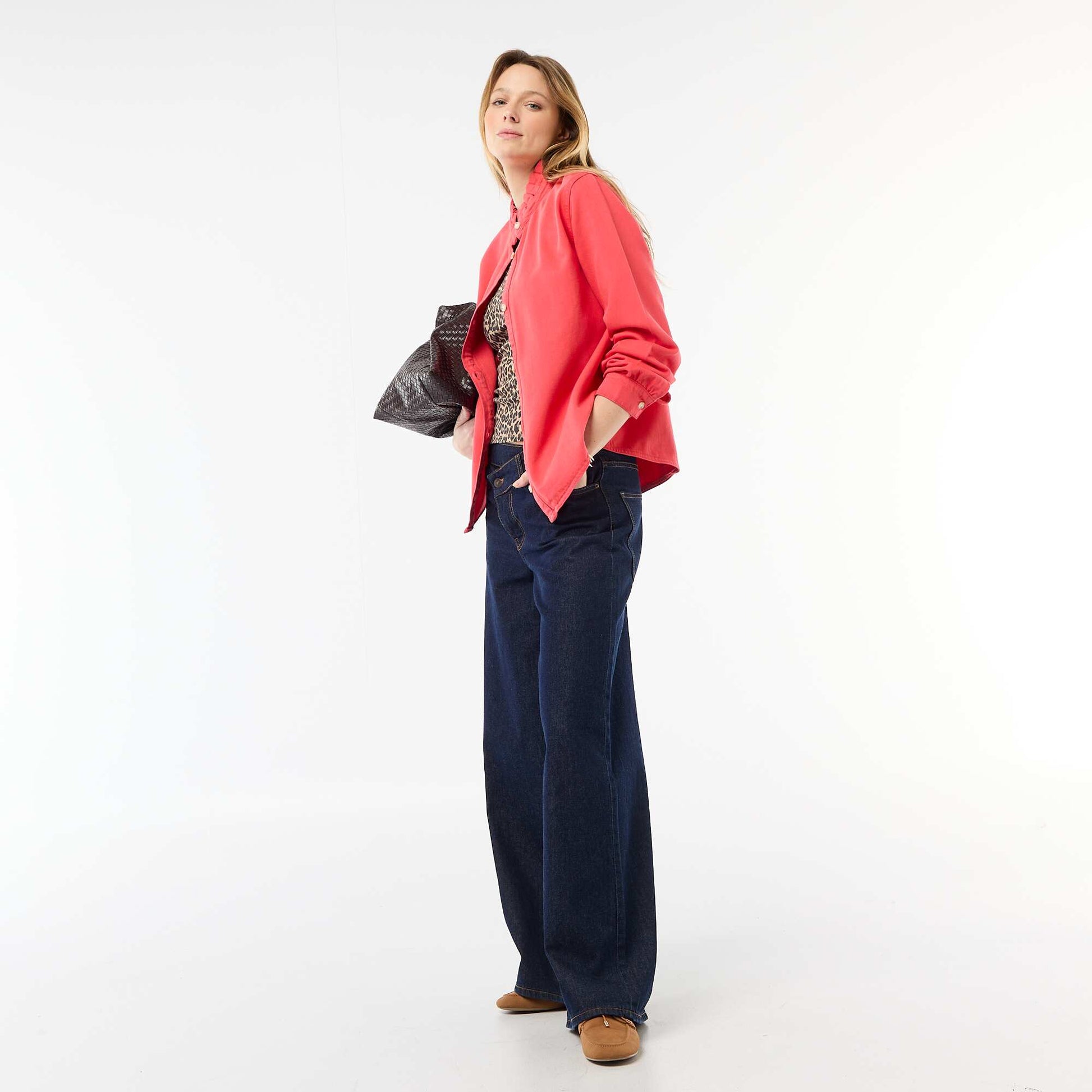 Blouse en denim avec col volanté ROUGE