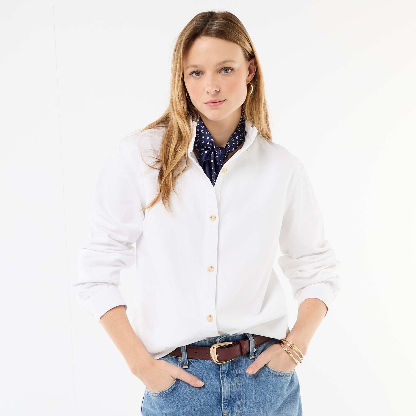 Blouse en denim avec col volanté BLANC