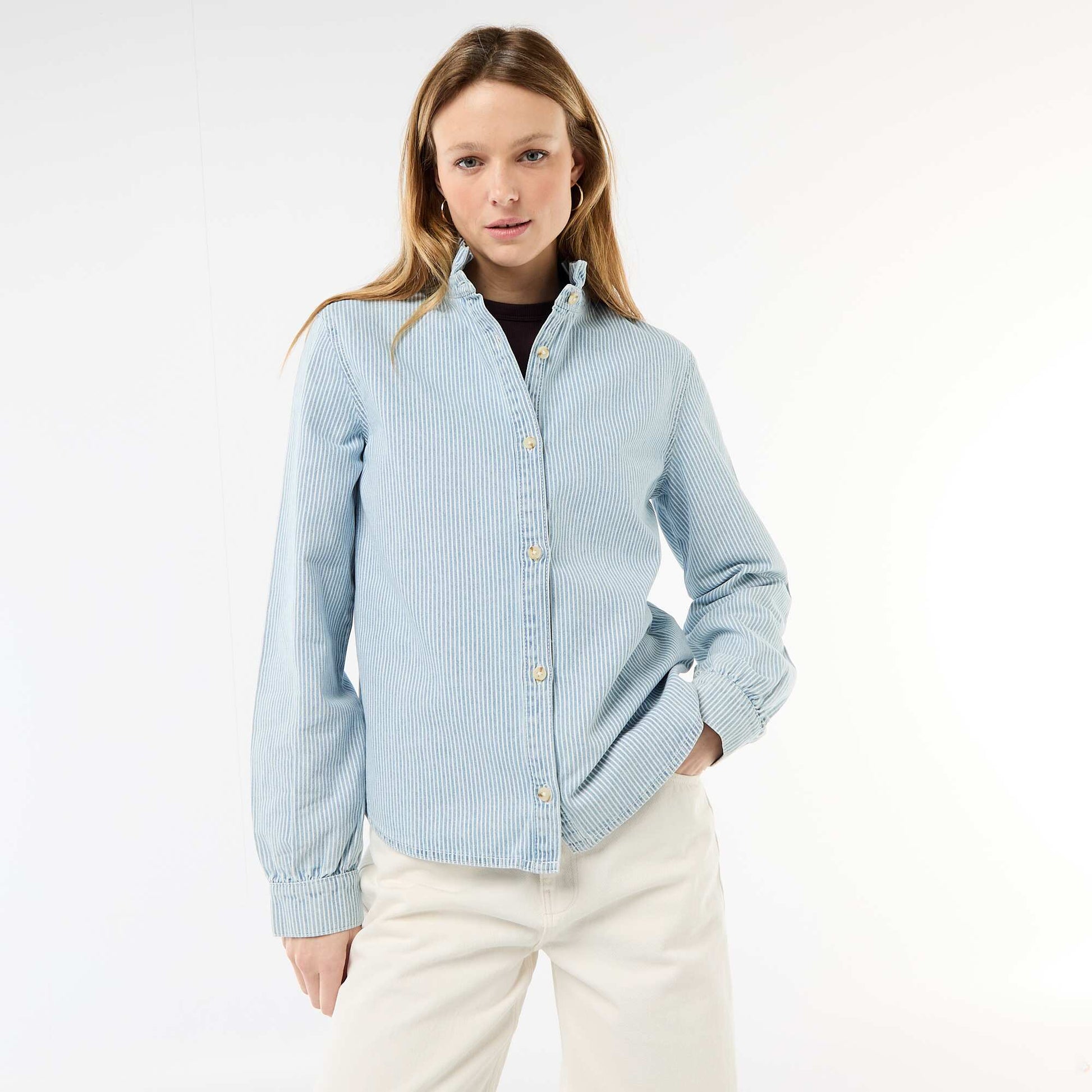 Blouse en denim avec col volanté BLEU