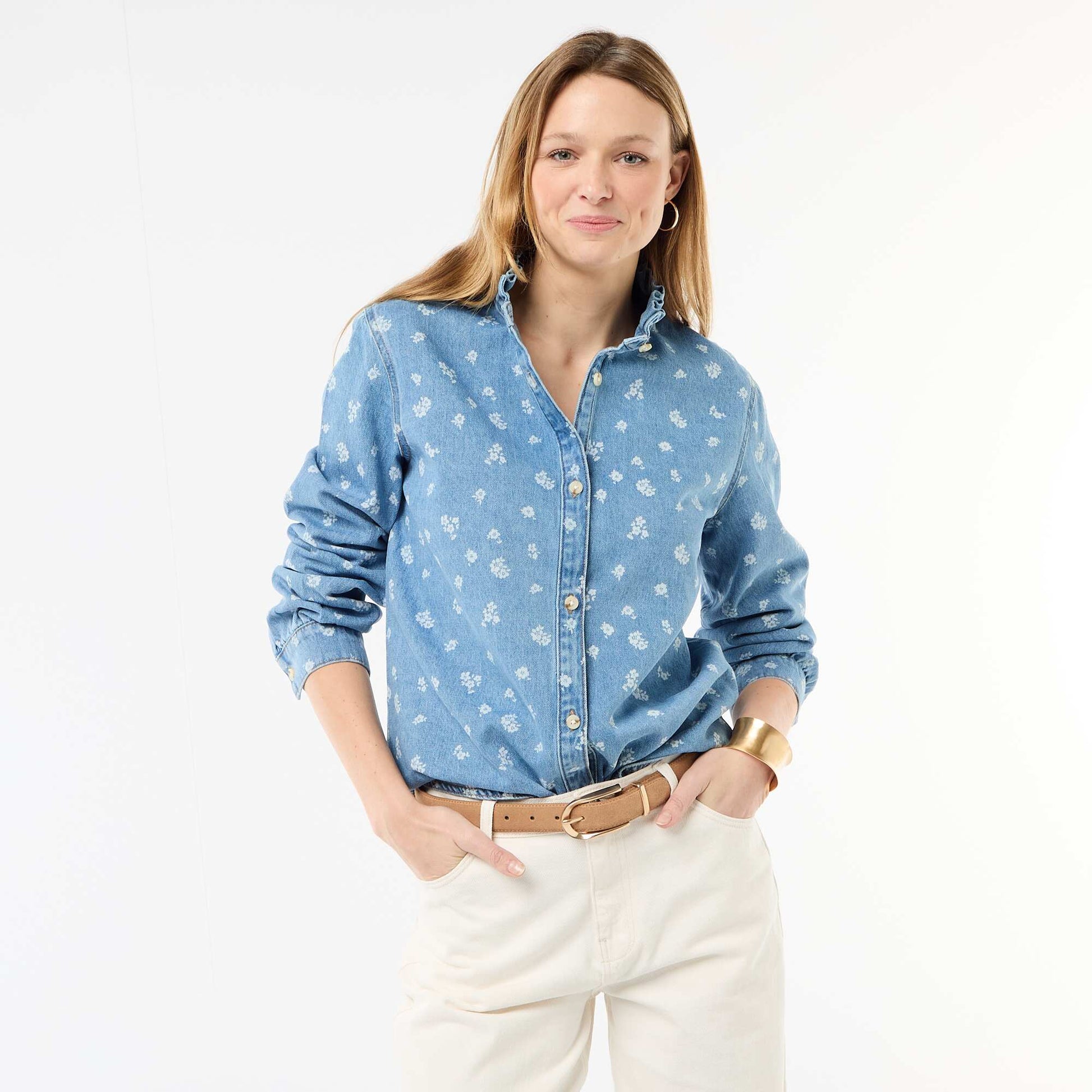 Blouse en denim avec col volanté BLEU