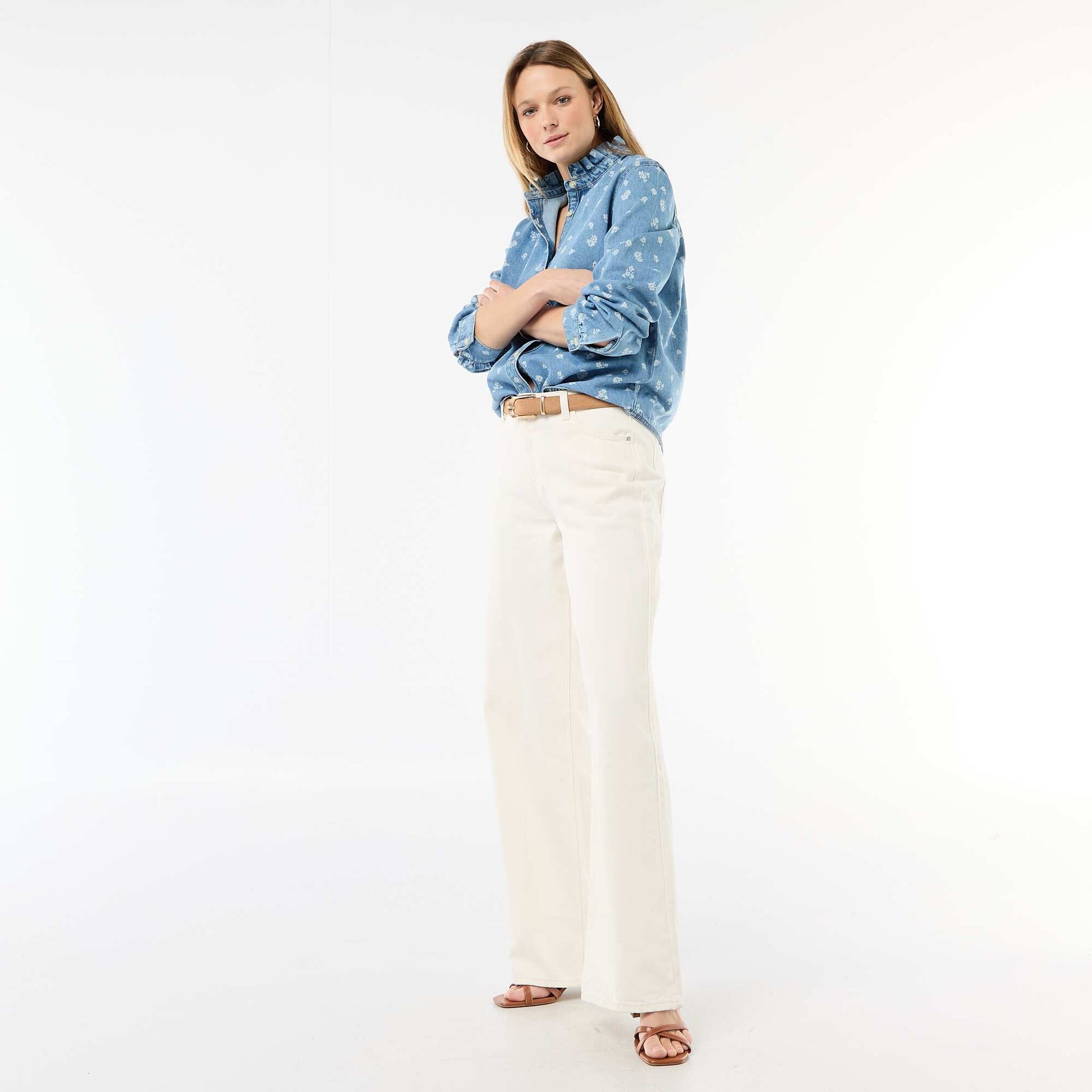 Blouse en denim avec col volanté BLEU