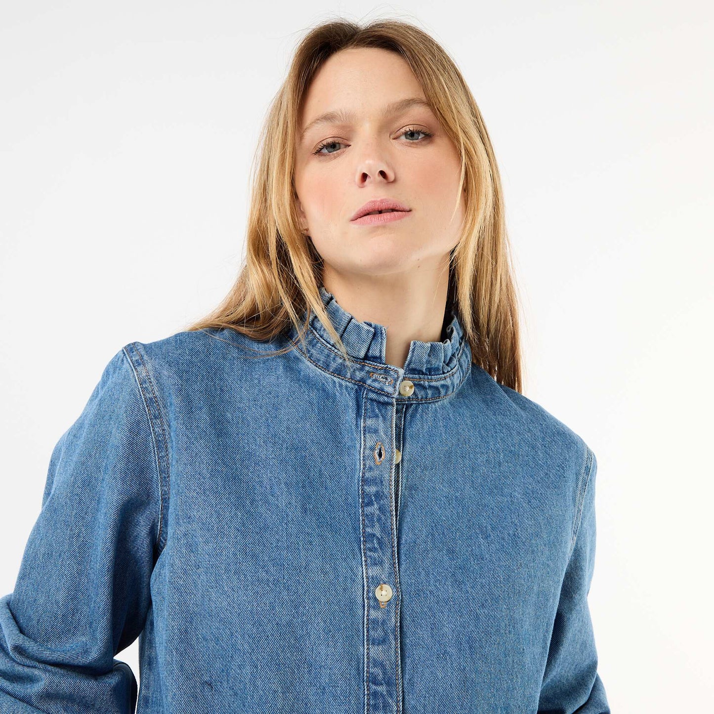 Blouse en denim avec col volanté BLEU