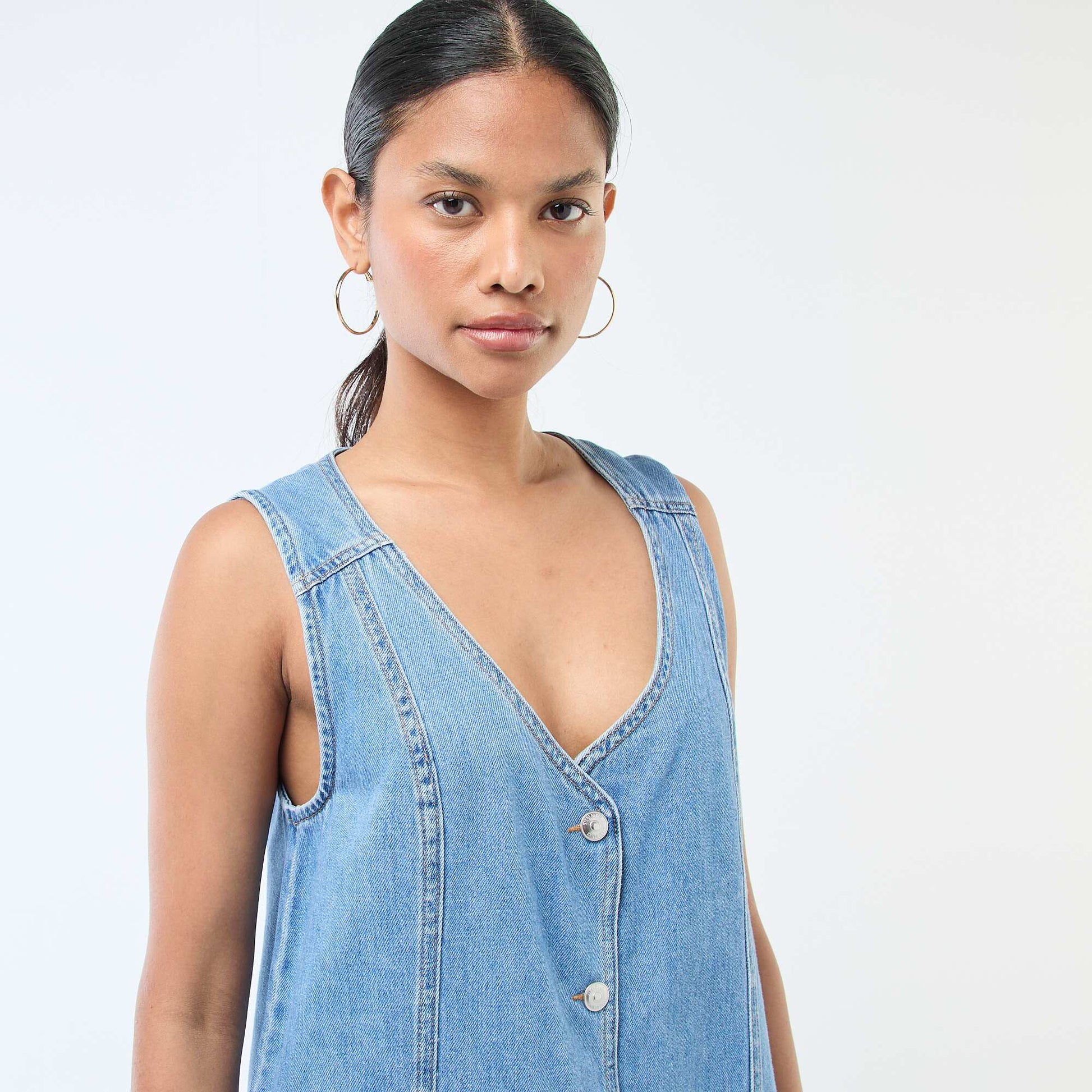Robe denim sans manches en coton BLEU