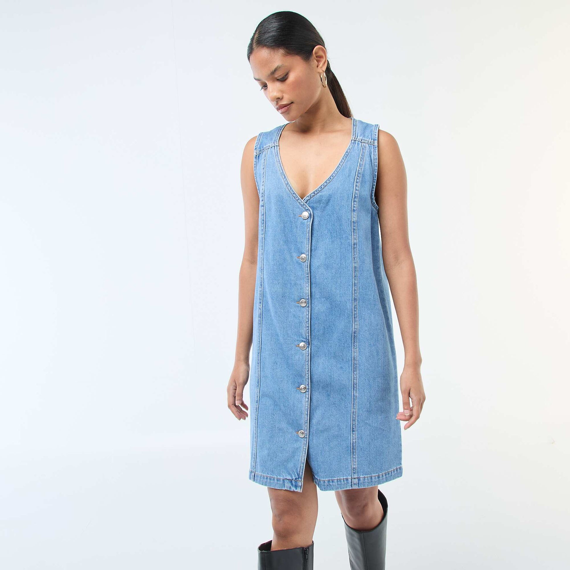 Robe denim sans manches en coton BLEU