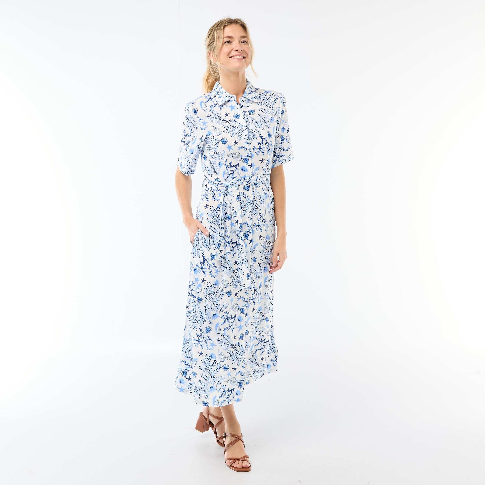 Robe longue forme chemise avec ceinture à nouer all-over BLEU