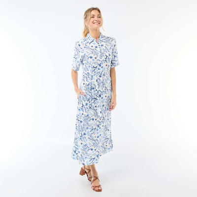 Robe longue forme chemise avec ceinture à nouer all-over BLEU