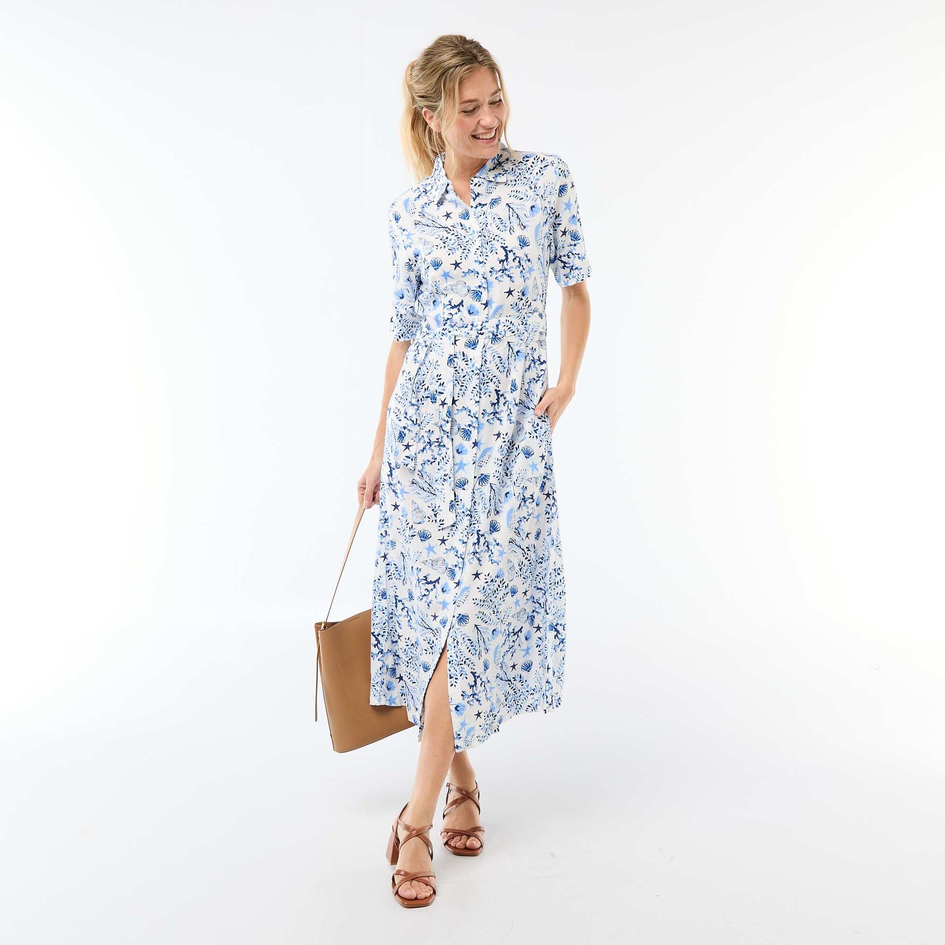 Robe longue forme chemise avec ceinture à nouer all-over BLEU
