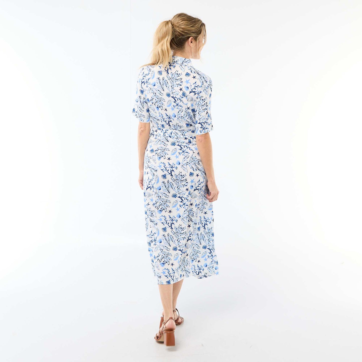 Robe longue forme chemise avec ceinture à nouer all-over BLEU