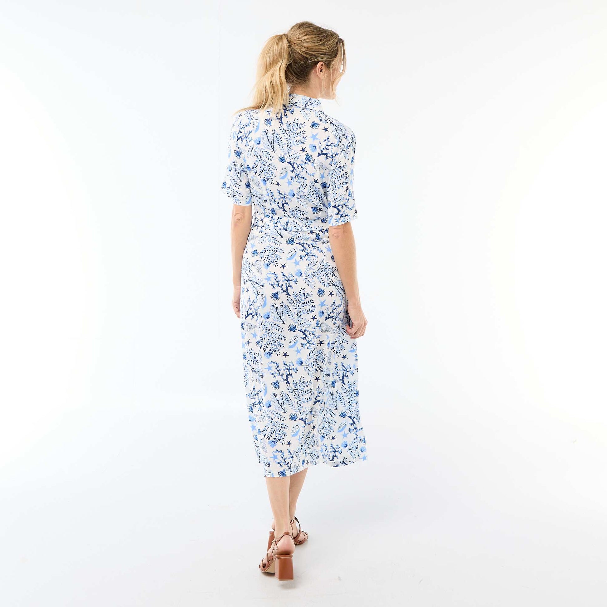 Robe longue forme chemise avec ceinture à nouer all-over BLEU