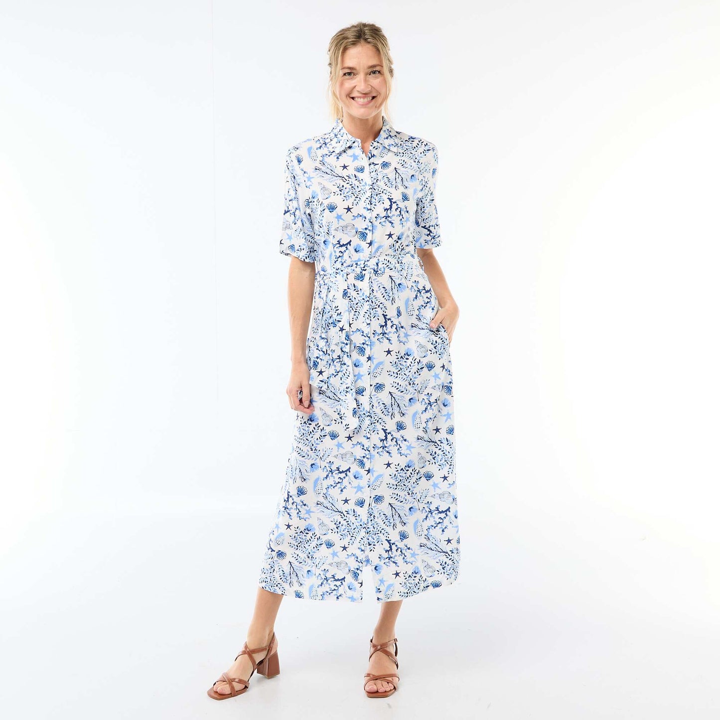 Robe longue forme chemise avec ceinture à nouer all-over BLEU