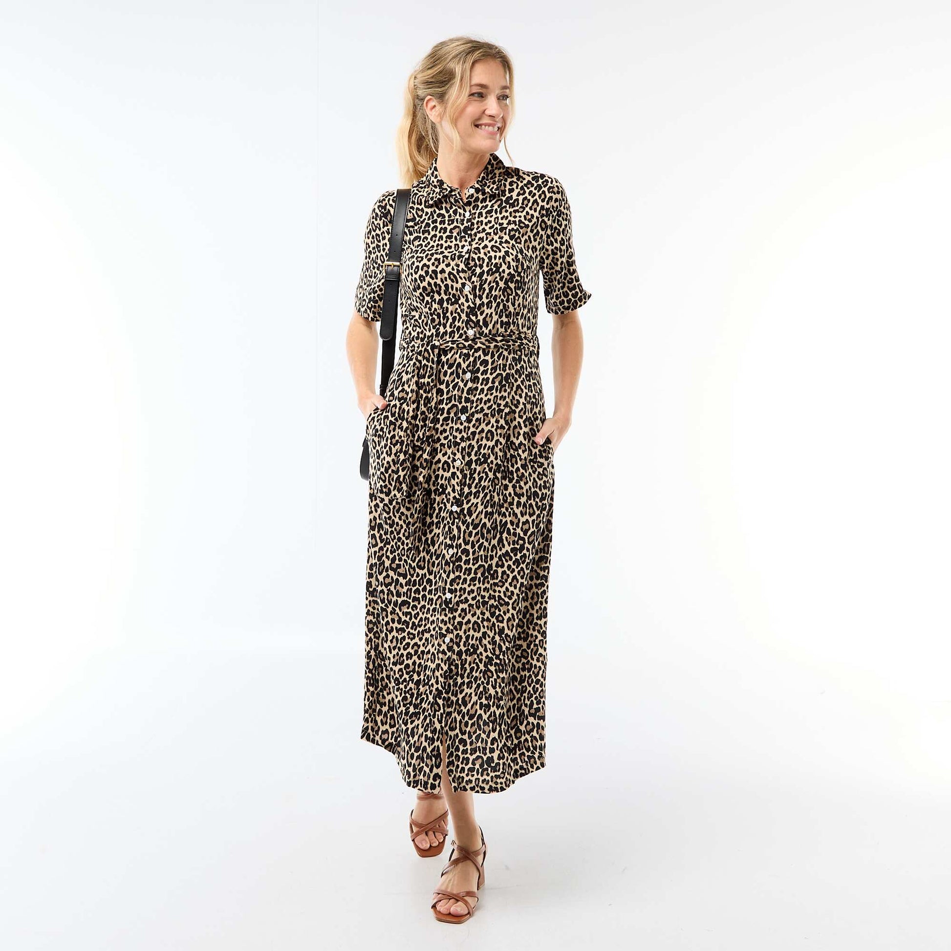 Robe longue forme chemise avec ceinture à nouer all-over BEIGE