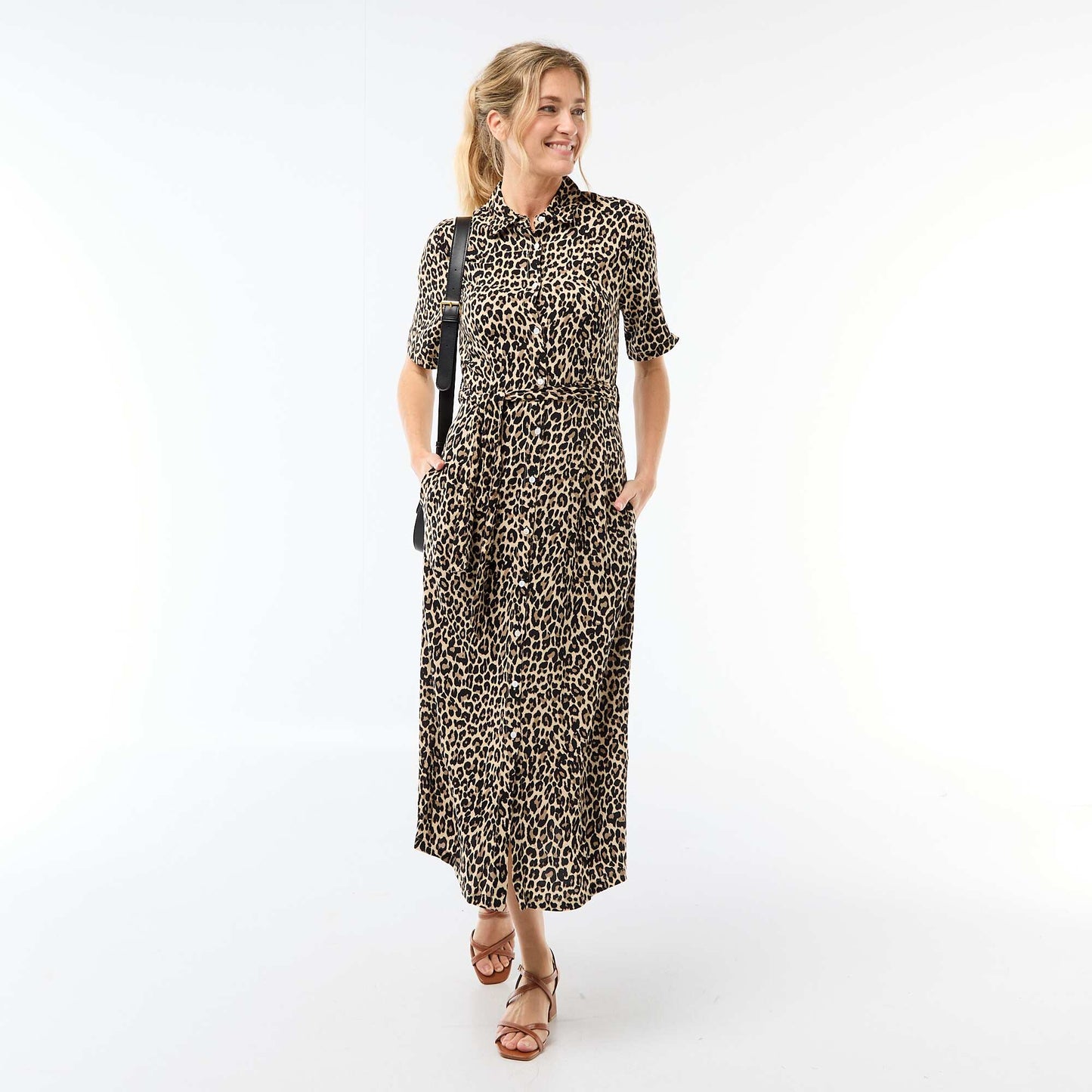 Robe longue forme chemise avec ceinture à nouer all-over BEIGE