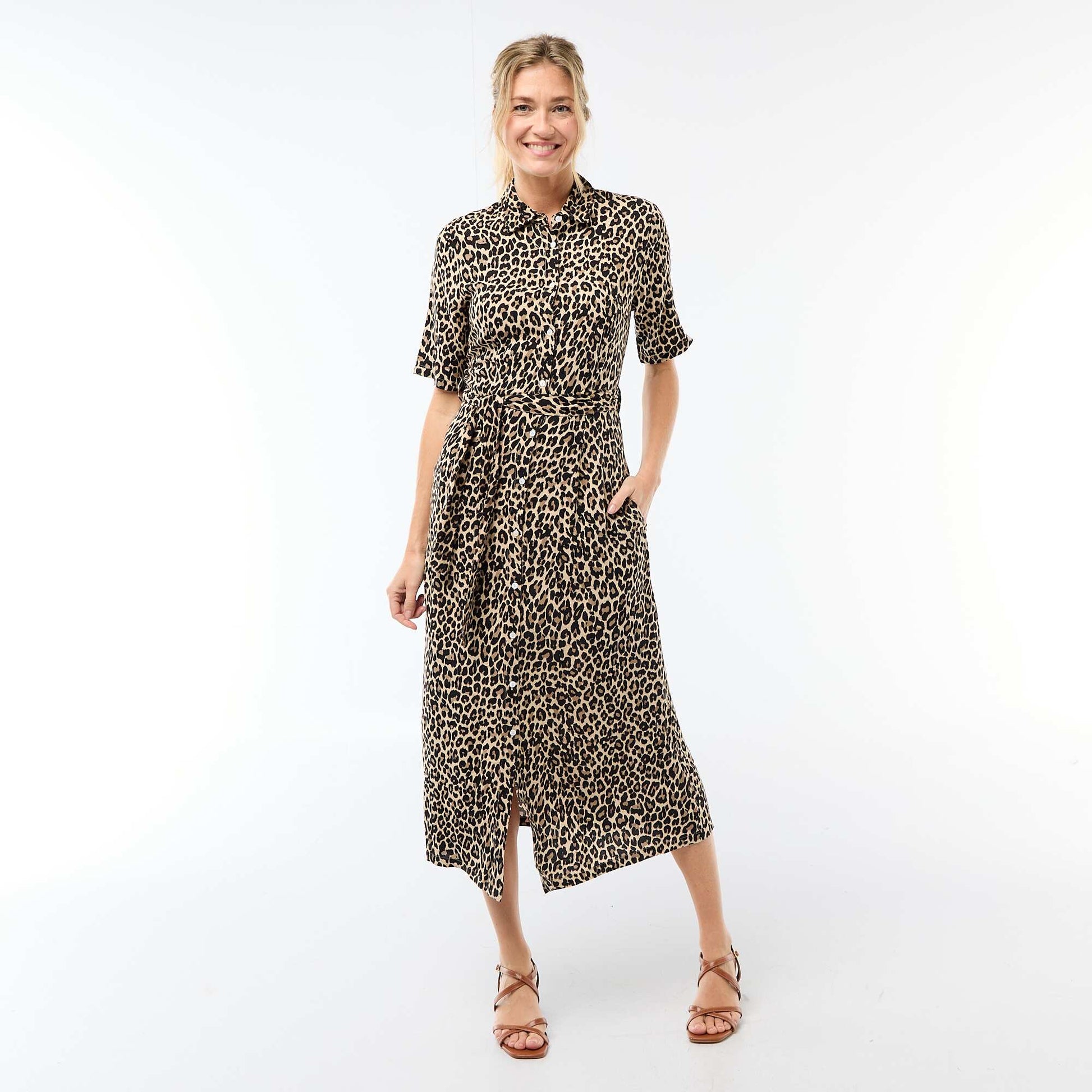 Robe longue forme chemise avec ceinture à nouer all-over BEIGE