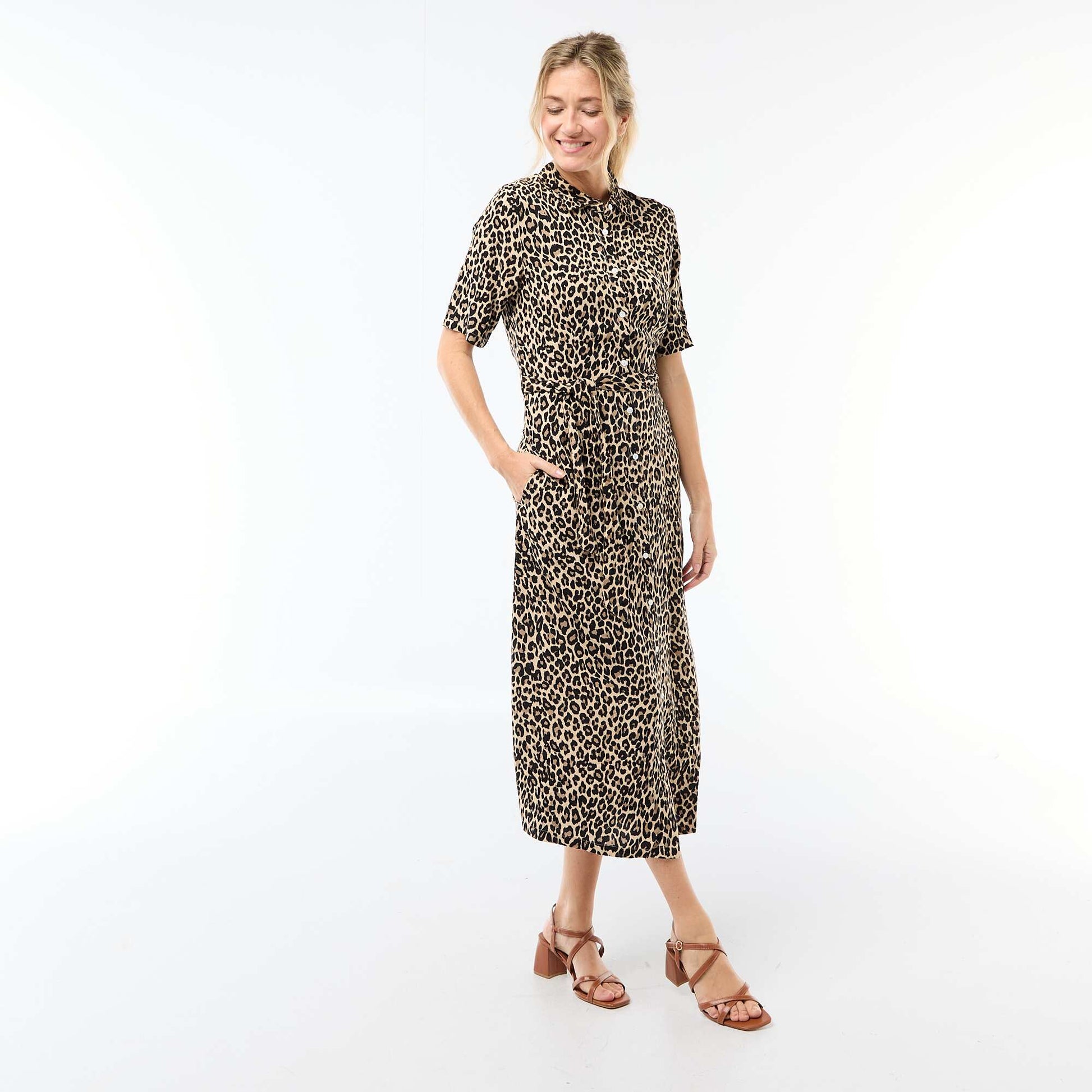 Robe longue forme chemise avec ceinture à nouer all-over BEIGE