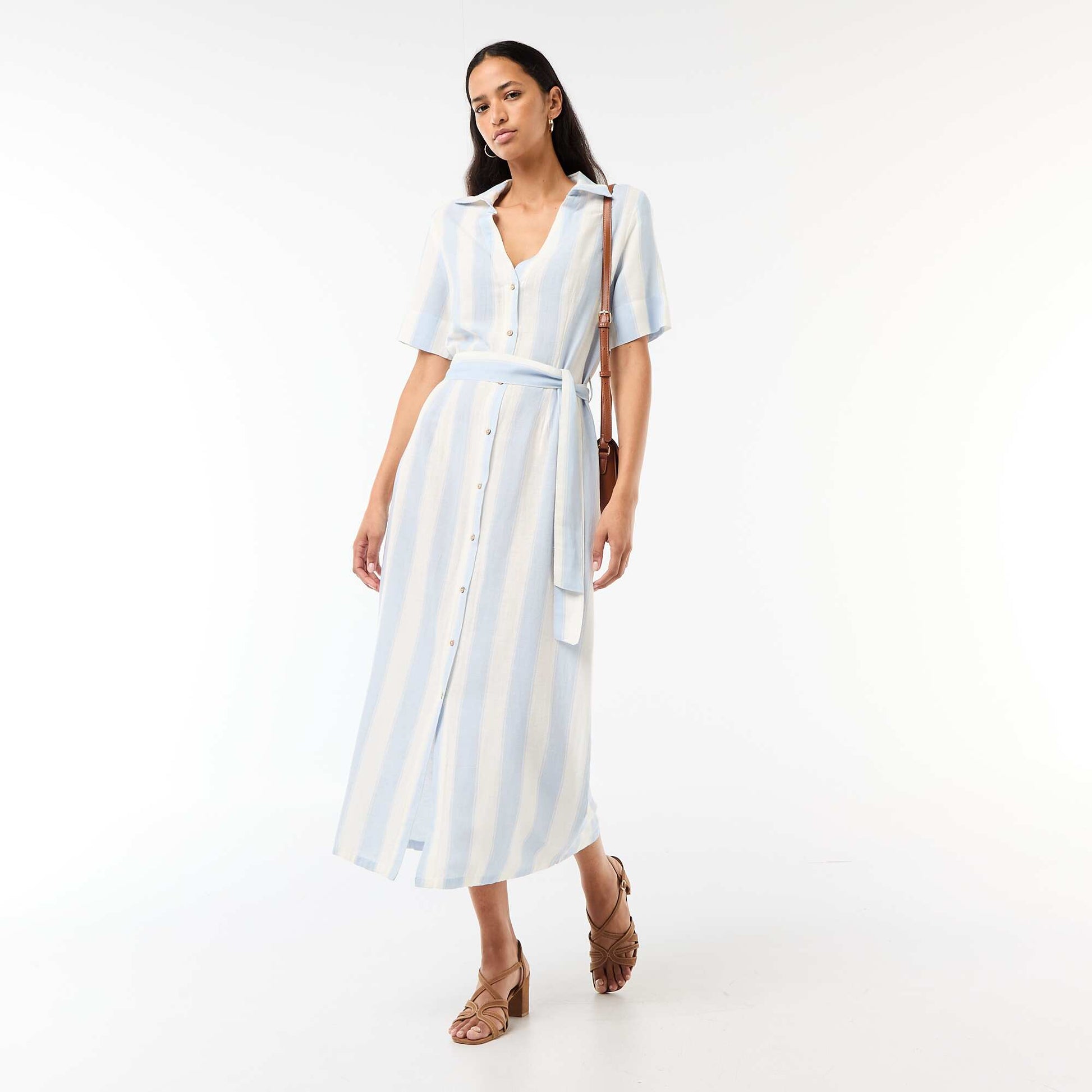 Robe chemise longue manches courtes en coton et lin BLEU