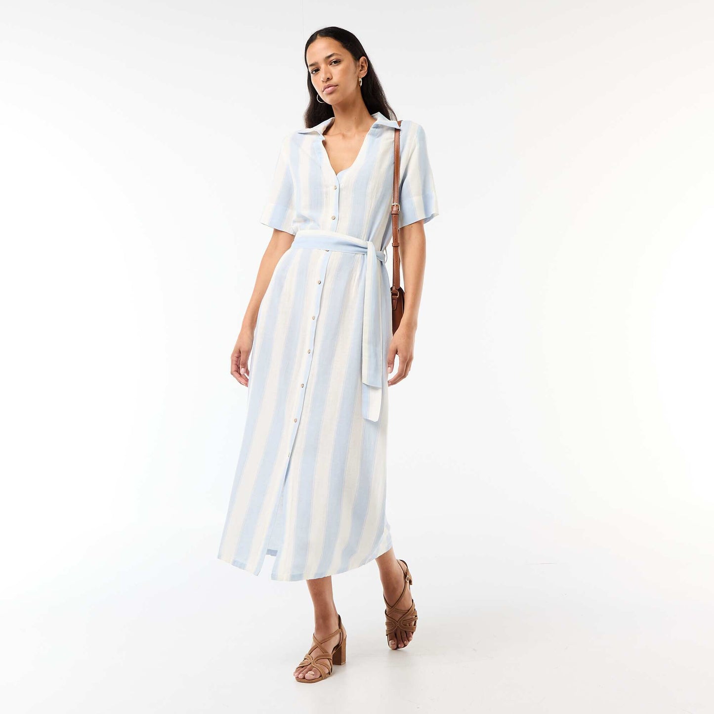 Robe chemise longue manches courtes en coton et lin BLEU
