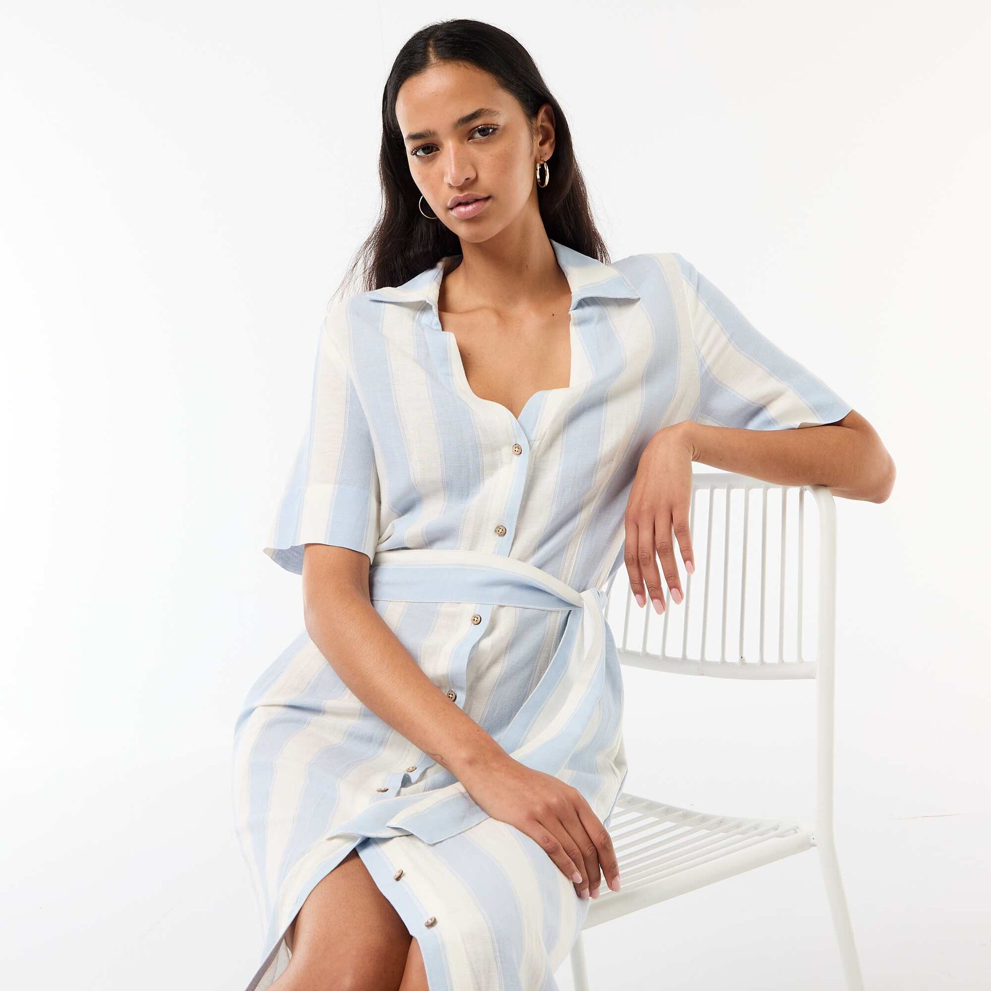 Robe chemise longue manches courtes en coton et lin BLEU