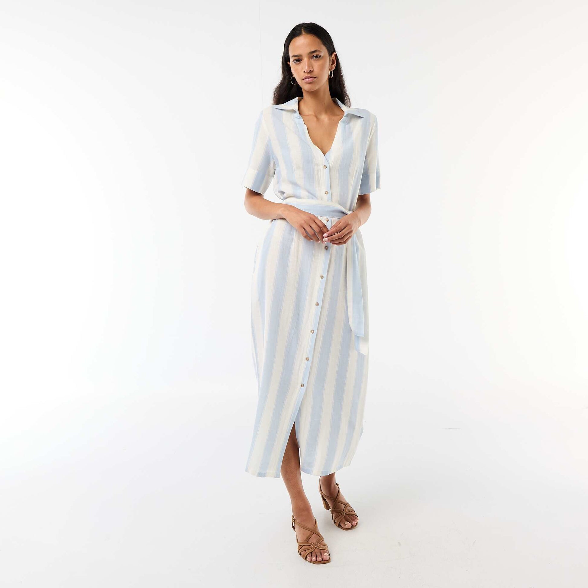 Robe chemise longue manches courtes en coton et lin BLEU