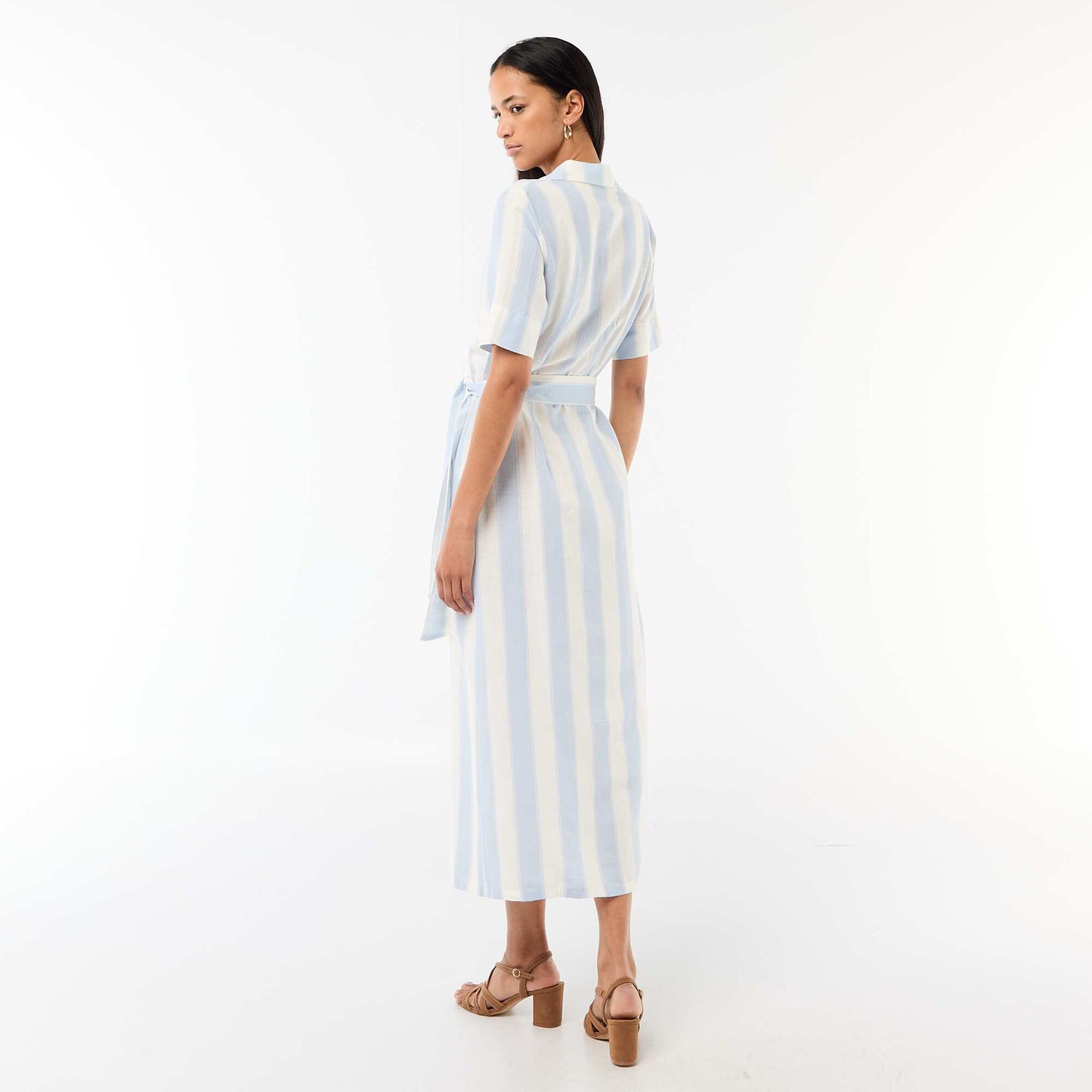Robe chemise longue manches courtes en coton et lin BLEU