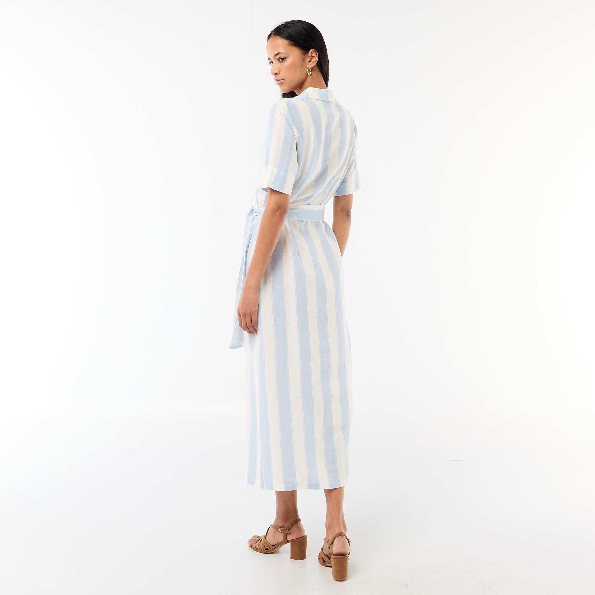 Robe chemise longue manches courtes en coton et lin BLEU