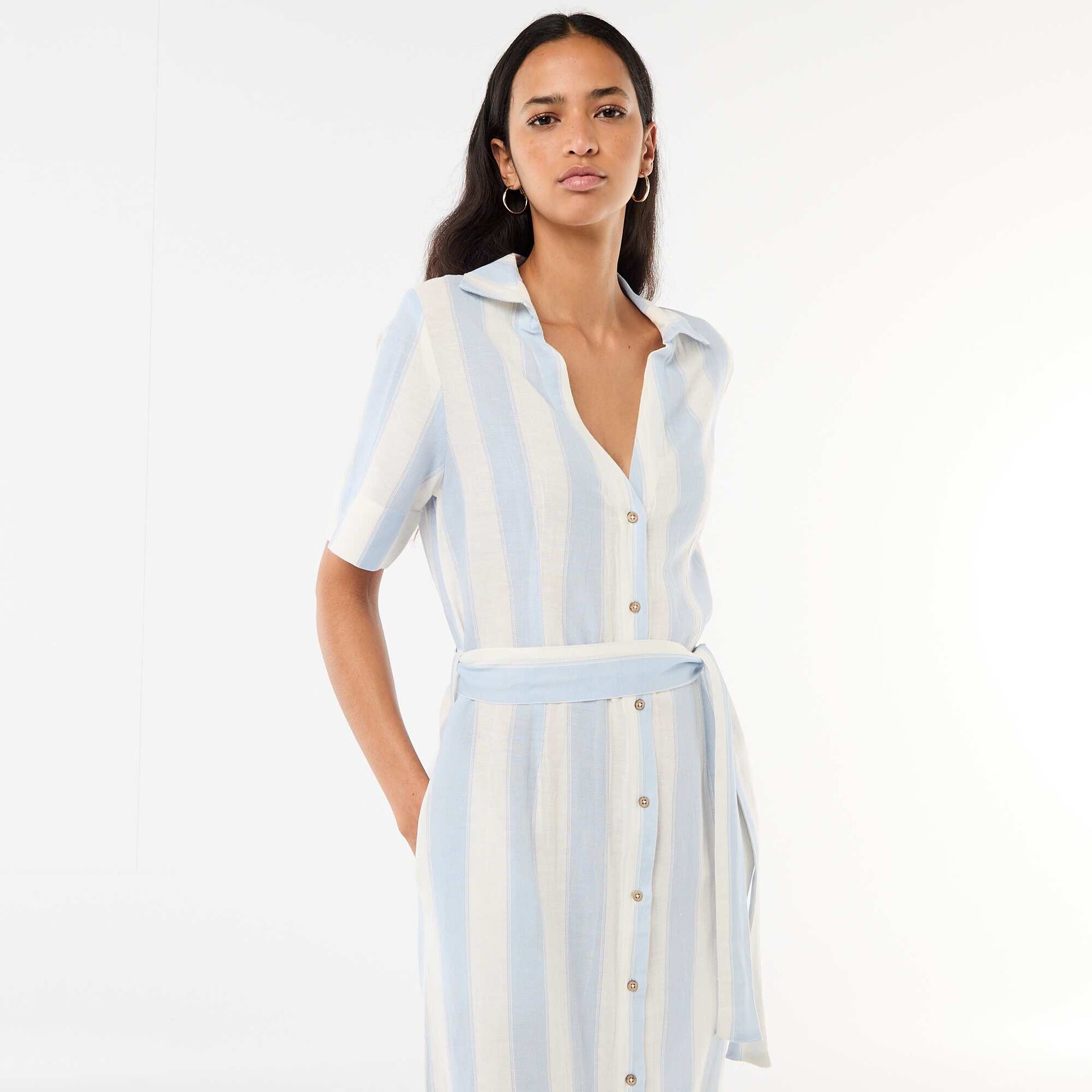 Robe chemise longue manches courtes en coton et lin BLEU
