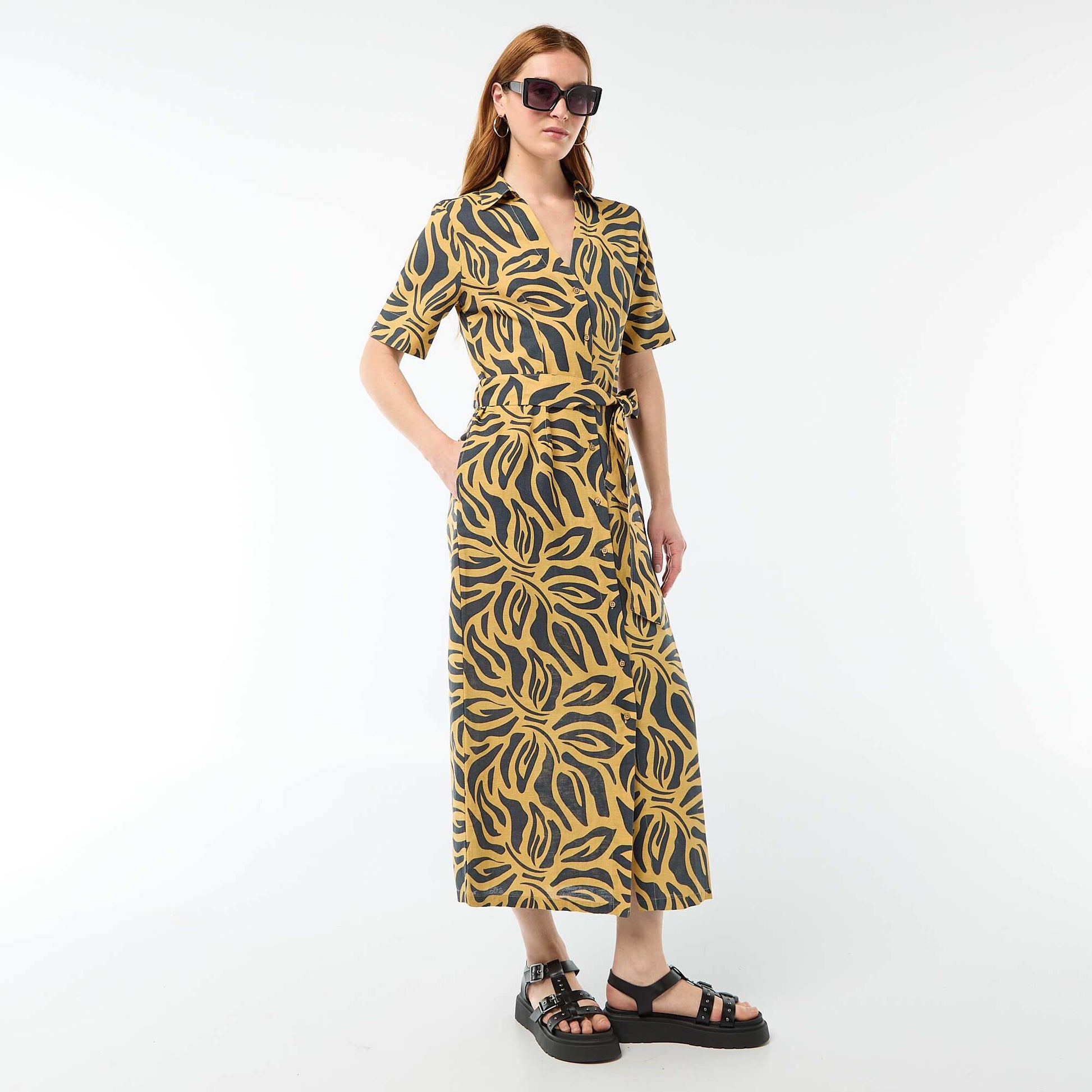 Robe chemise longue manches courtes en coton et lin JAUNE