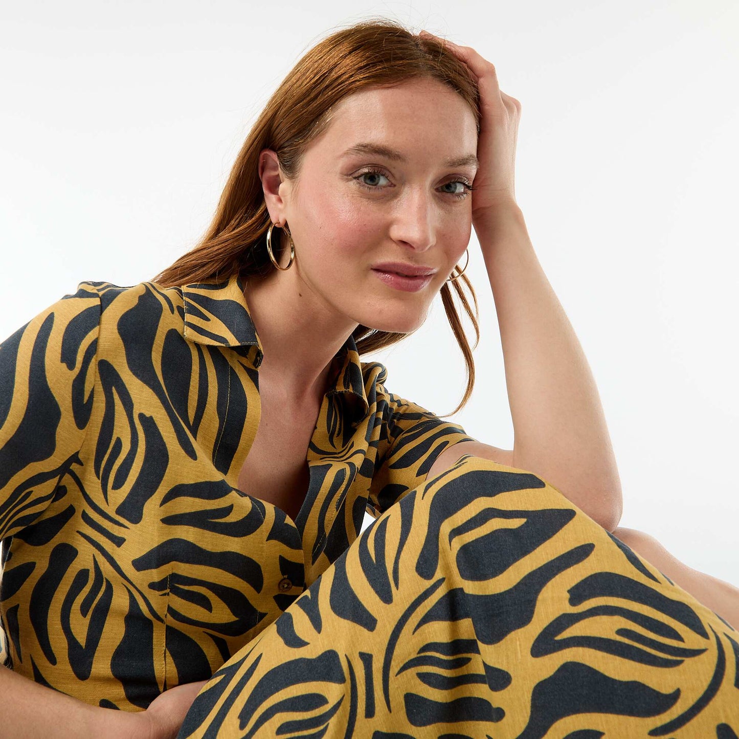 Robe chemise longue manches courtes en coton et lin JAUNE