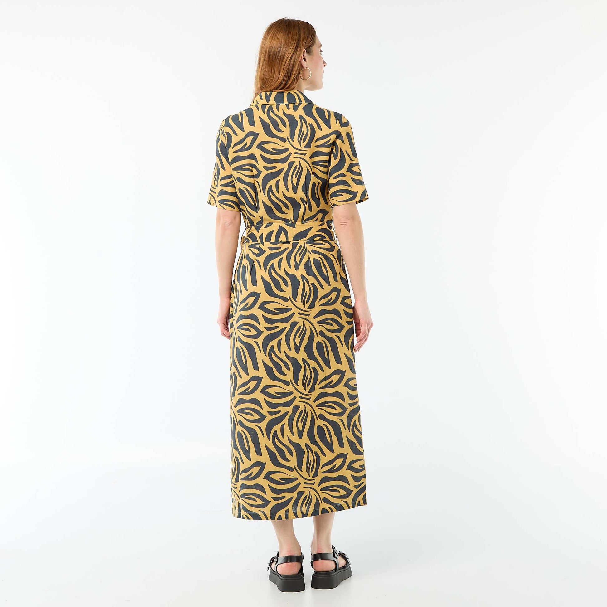 Robe chemise longue manches courtes en coton et lin JAUNE