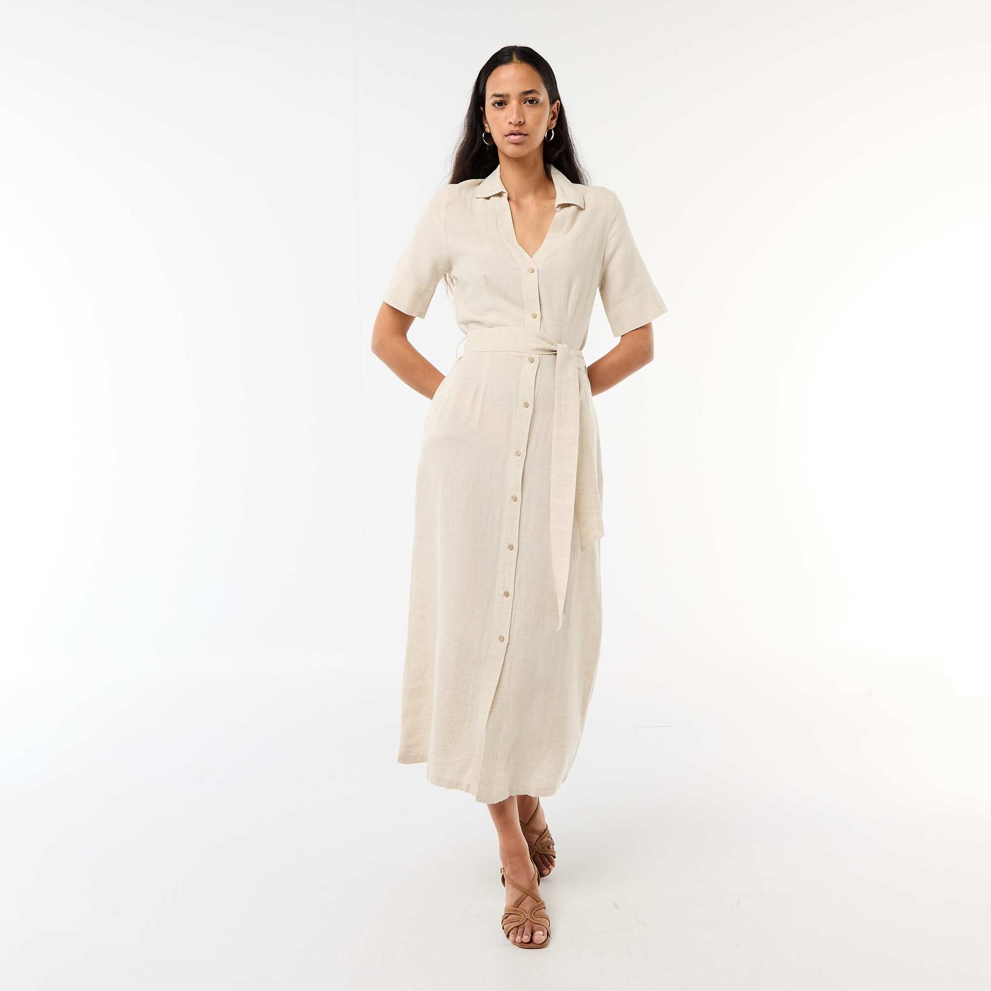 Robe chemise longue manches courtes en coton et lin BEIGE