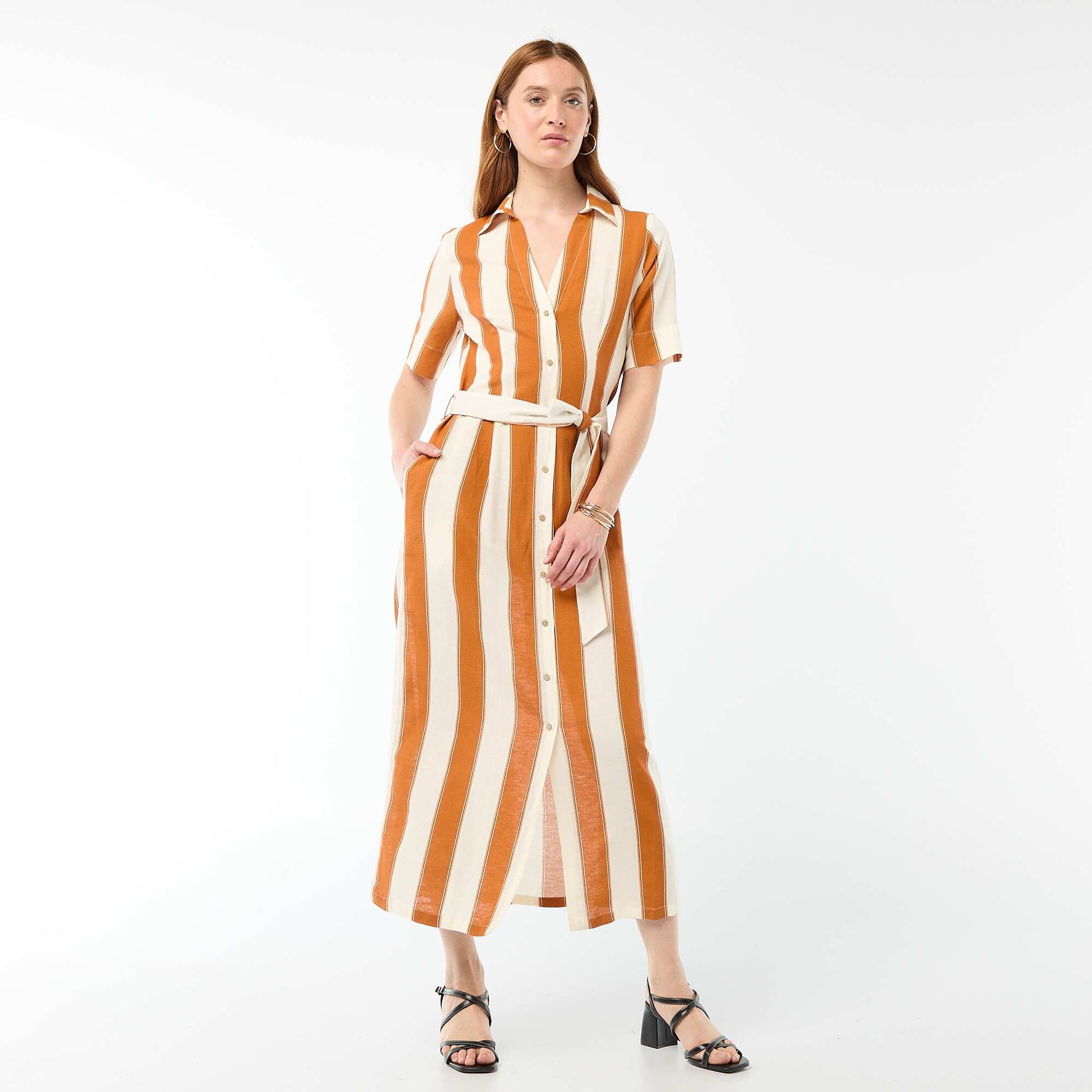 Robe chemise longue manches courtes en coton et lin ROSE