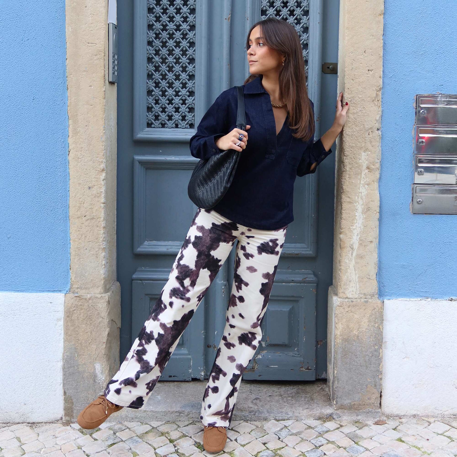 Pantalon large imprimé vache MARRON