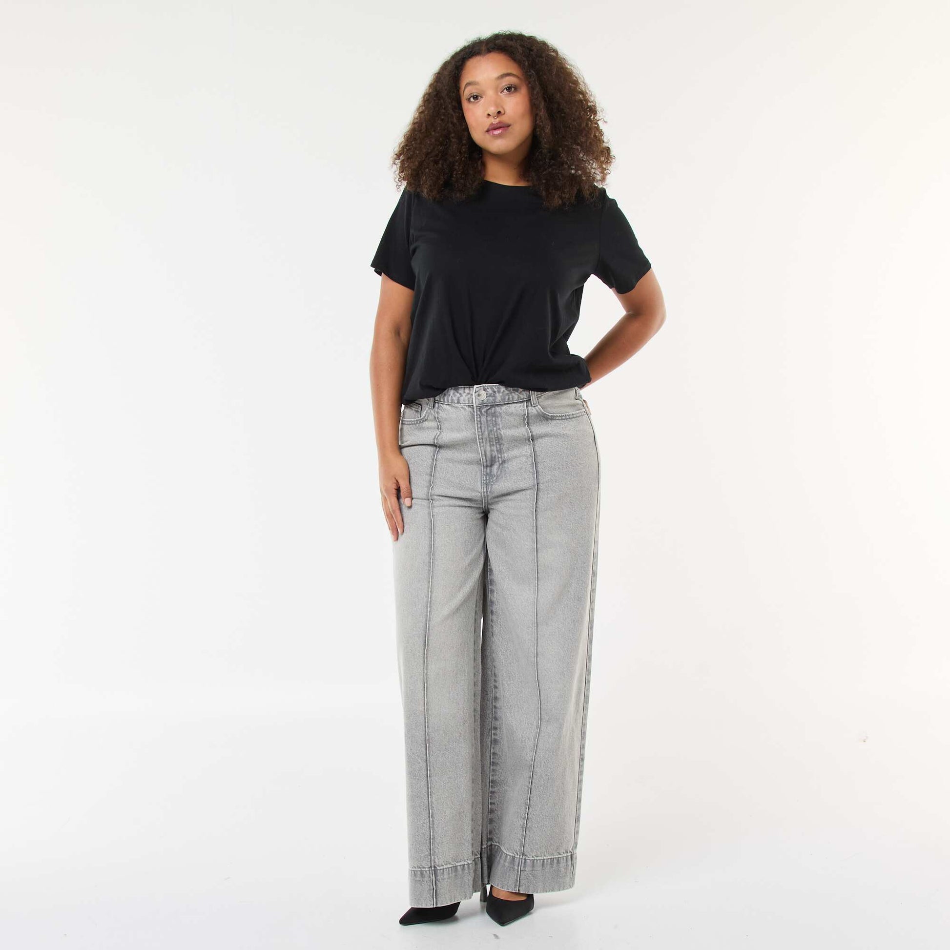 Jean wide leg taille haute avec plis devant GRIS