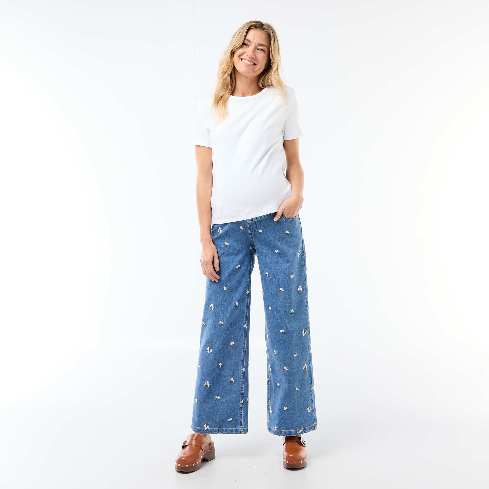 Pantalon grossesse avec ceinture stretch et motif brodé BLEU