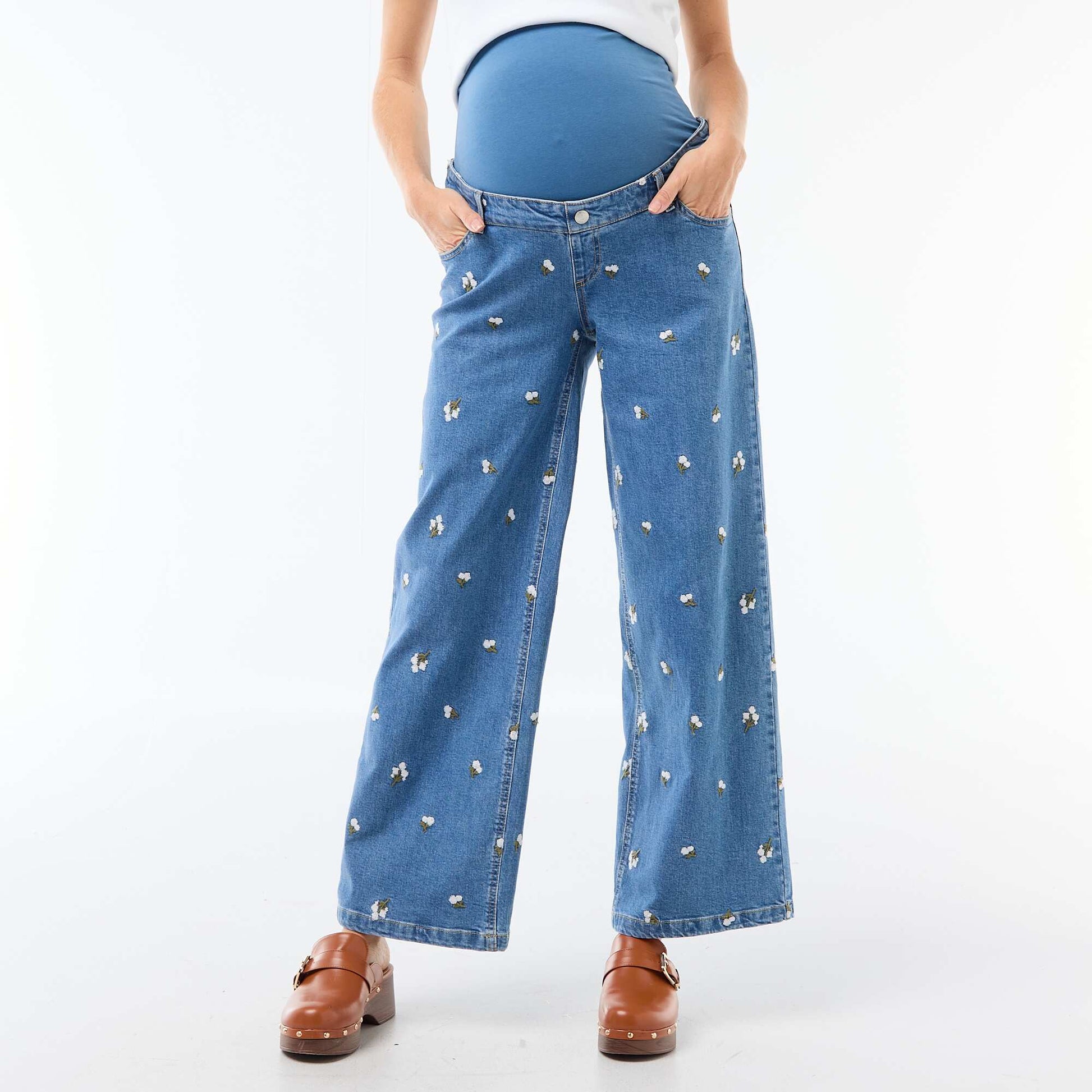 Pantalon grossesse avec ceinture stretch et motif brodé BLEU