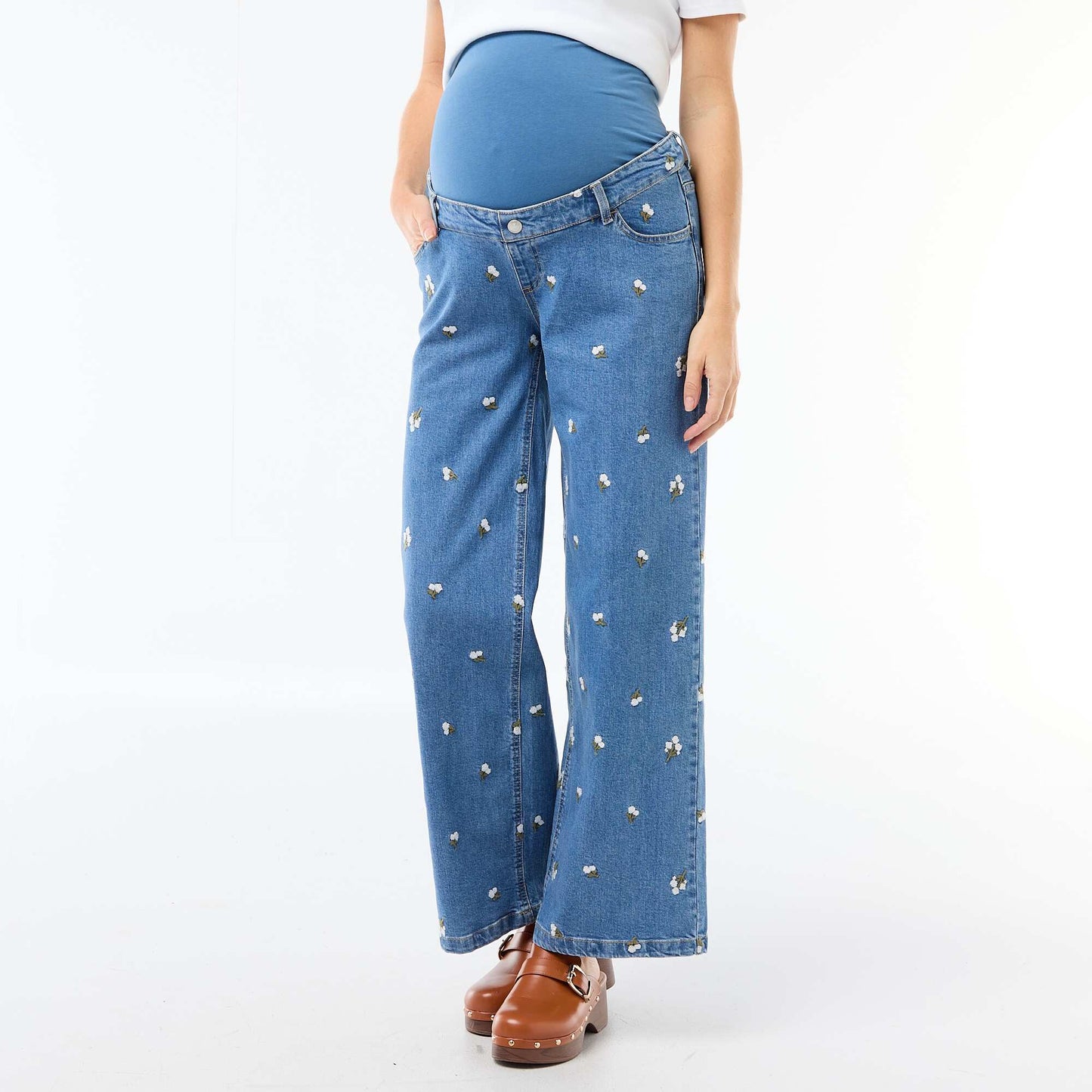 Pantalon grossesse avec ceinture stretch et motif brodé BLEU