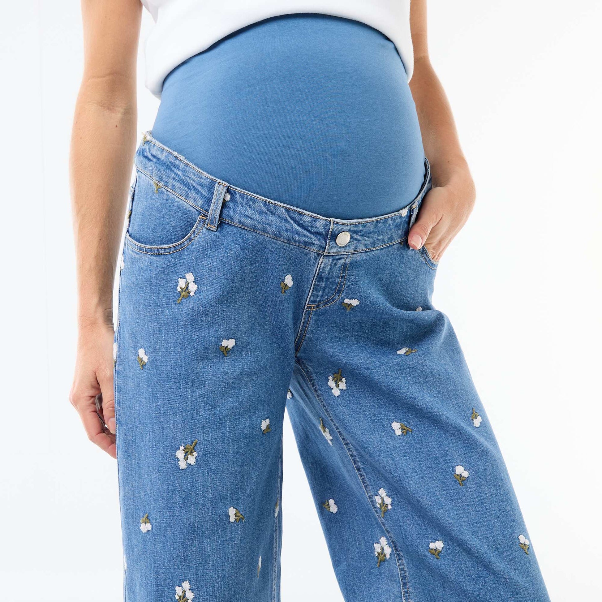 Pantalon grossesse avec ceinture stretch et motif brodé BLEU