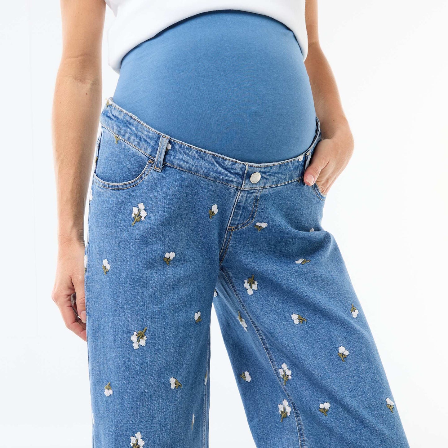 Pantalon grossesse avec ceinture stretch et motif brodé BLEU