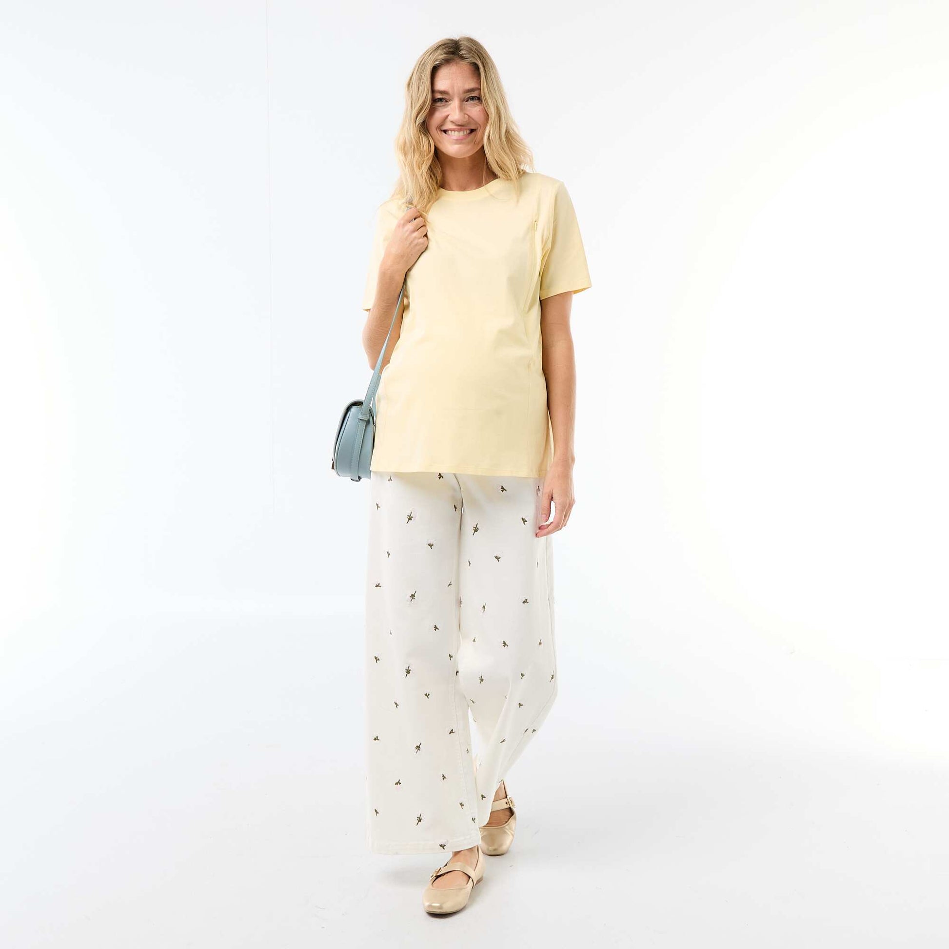 Pantalon grossesse avec ceinture stretch et motif brodé BLANC