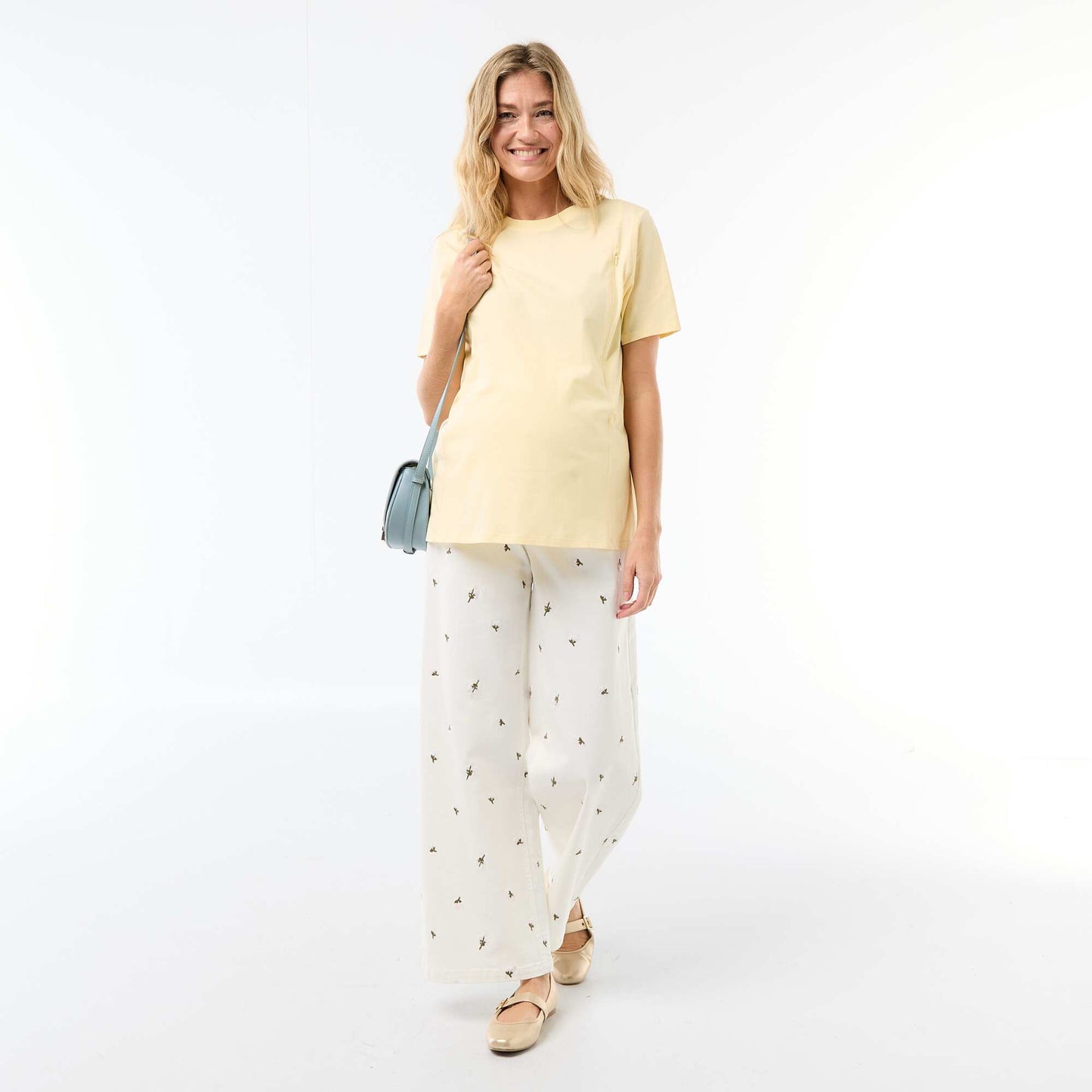 Pantalon grossesse avec ceinture stretch et motif brodé BLANC